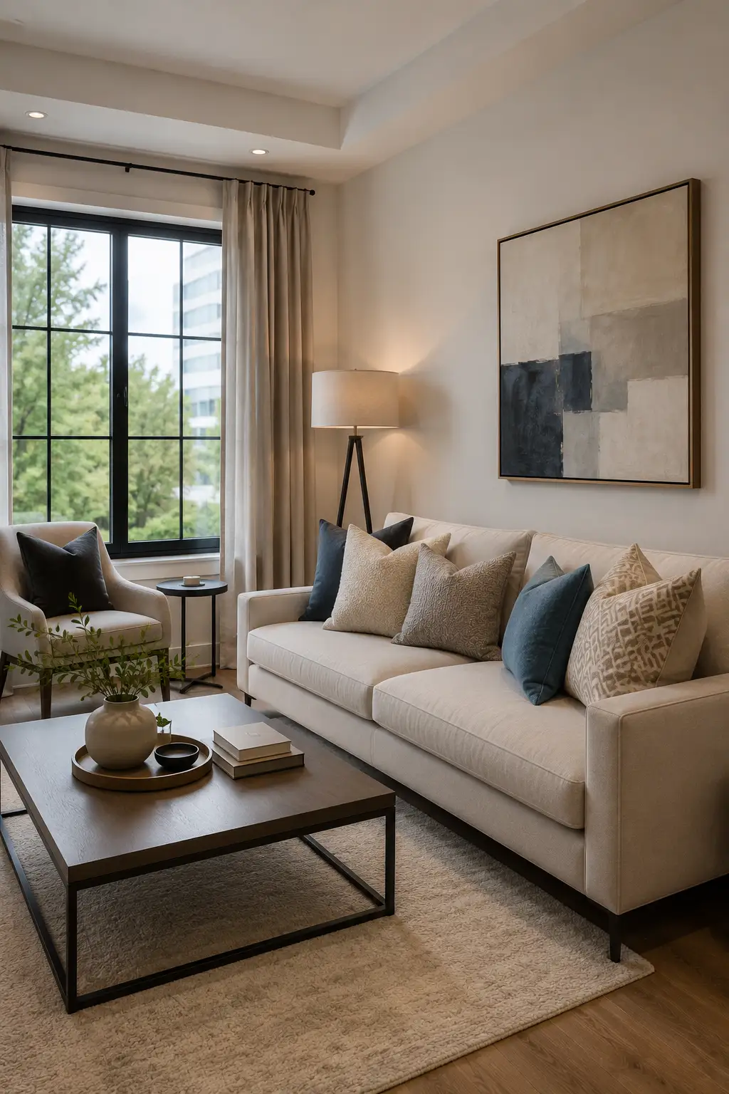 Elegant modern living room with a cream sofa layered with neutral textured throw pillows in beige, taupe, cream, and deep blue, complemented by large abstract wall artwork, a contemporary floor lamp, wood coffee table, and soft neutral area rug.