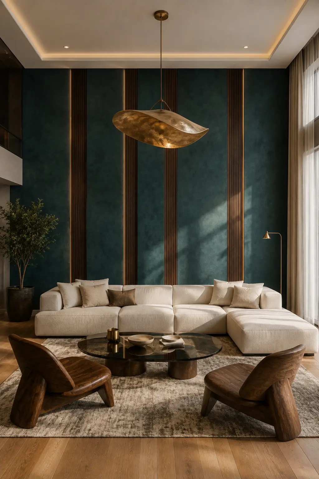 High end contemporary living room featuring a dramatic deep teal accent wall with tall vertical architectural panels, rich walnut wood slats, warm brass lighting details, large cream sectional sofa, dark glass coffee table, sculptural wooden lounge chairs, neutral patterned rug, warm wood flooring, and sophisticated luxury decor.