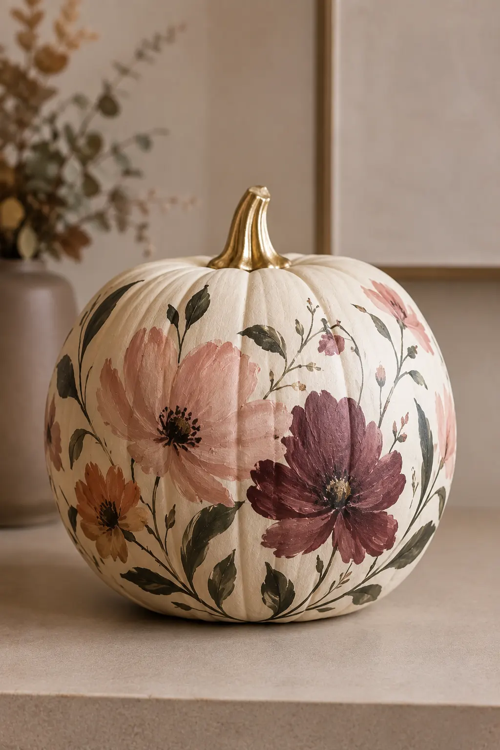 A warm ivory pumpkin covered in hand-painted contemporary floral artwork featuring blush pink, dusty mauve, burgundy, muted terracotta flowers, delicate dark green stems, and botanical leaves for elegant fall home decor.