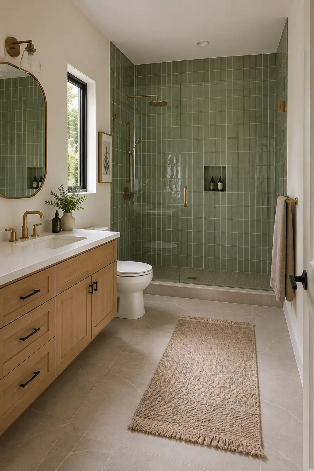 Modern sage green bathroom with floor-to-ceiling muted green shower tile arranged in a slim vertical pattern, natural light oak vanity, white countertop and ceramic sink, large rounded brass-framed mirror, brushed brass shower fixtures, clear glass shower enclosure, white toilet, neutral stone-look flooring, woven beige runner, botanical accents, and natural daylight from a black-framed window.