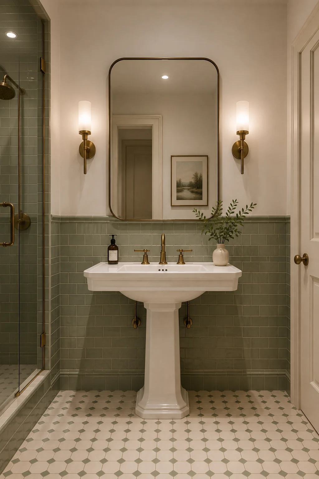 Elegant vintage bathroom with a classic white pedestal sink, muted sage green wall tile, warm cream upper walls, aged brass faucet and sconces, rounded brass-framed mirror, geometric floor tiles, and sophisticated modern vintage decor.