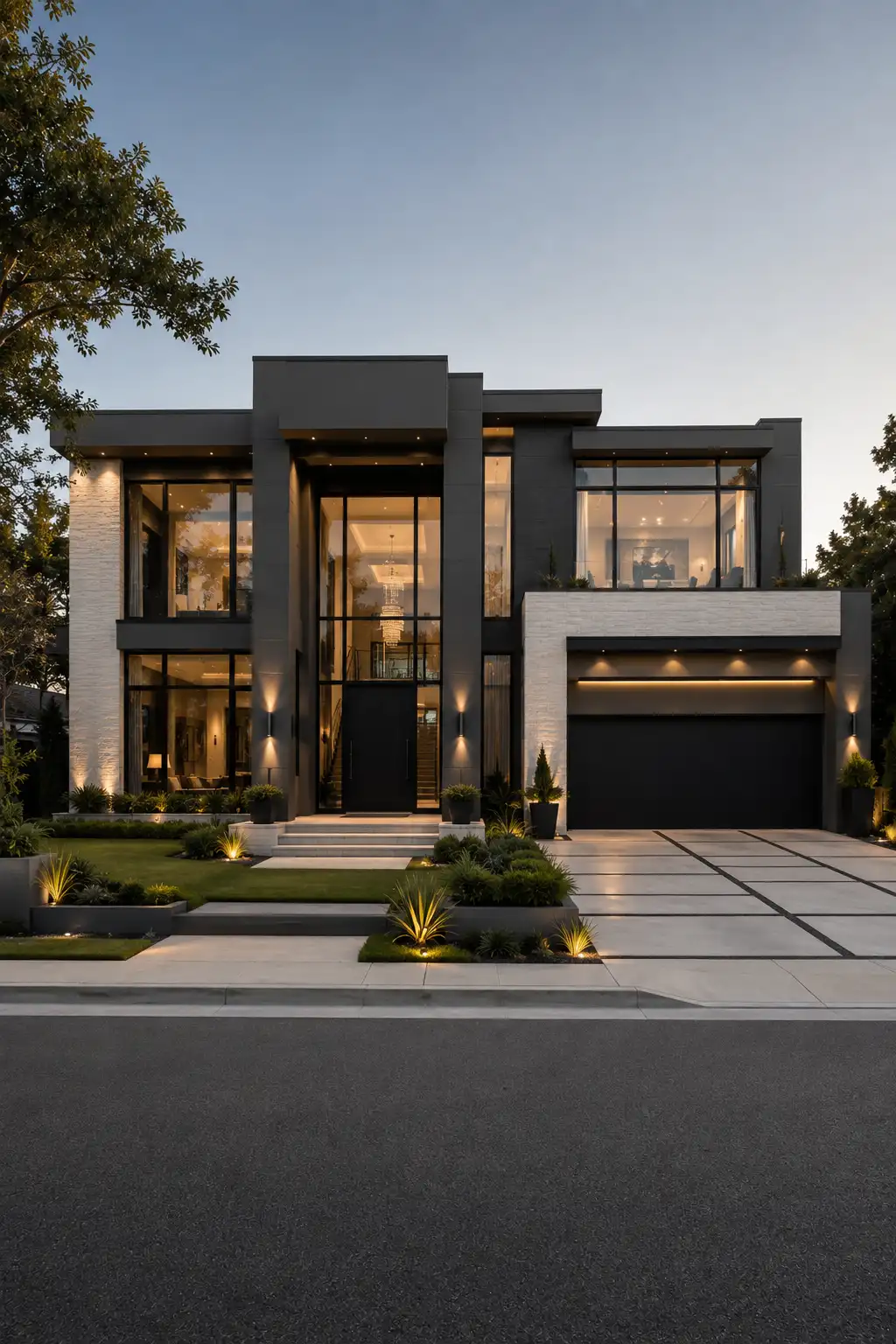 Luxury modern home with charcoal exterior paint and warm white architectural sections, large black framed windows, dramatic central entrance, dark garage door, layered geometric facade, manicured landscaping, concrete driveway, and warm architectural lighting.