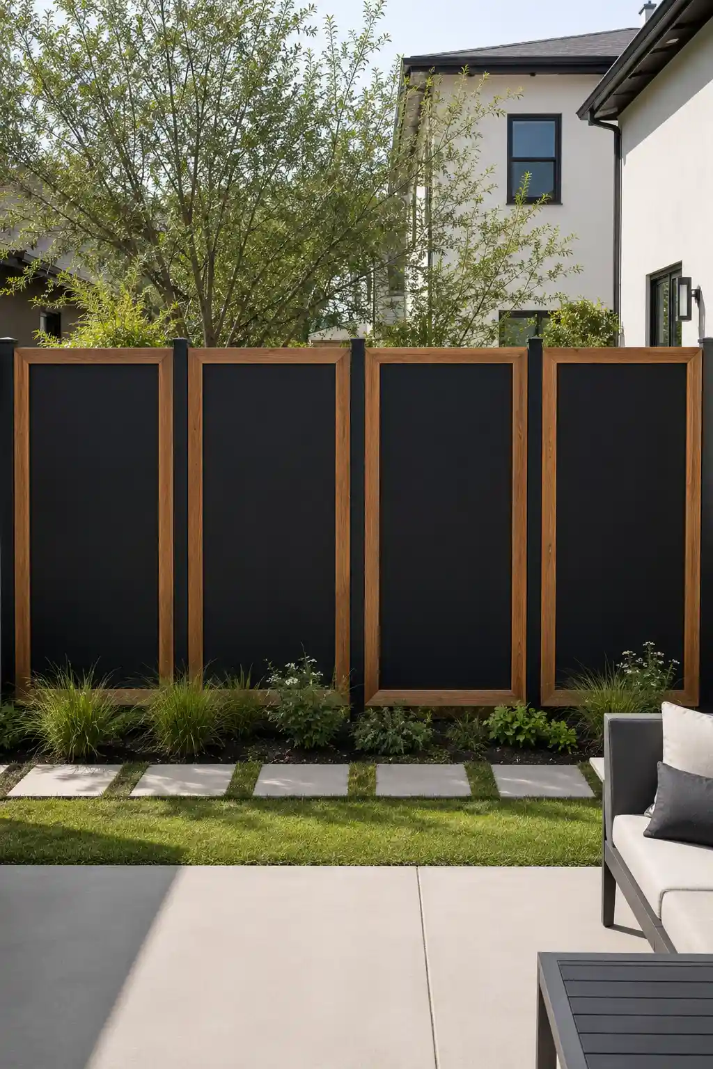 Contemporary privacy fence with large matte black panels surrounded by warm wood frames and slim dark posts, positioned in a modern backyard with ornamental grasses, stepping stones, green lawn, and minimalist outdoor seating.
