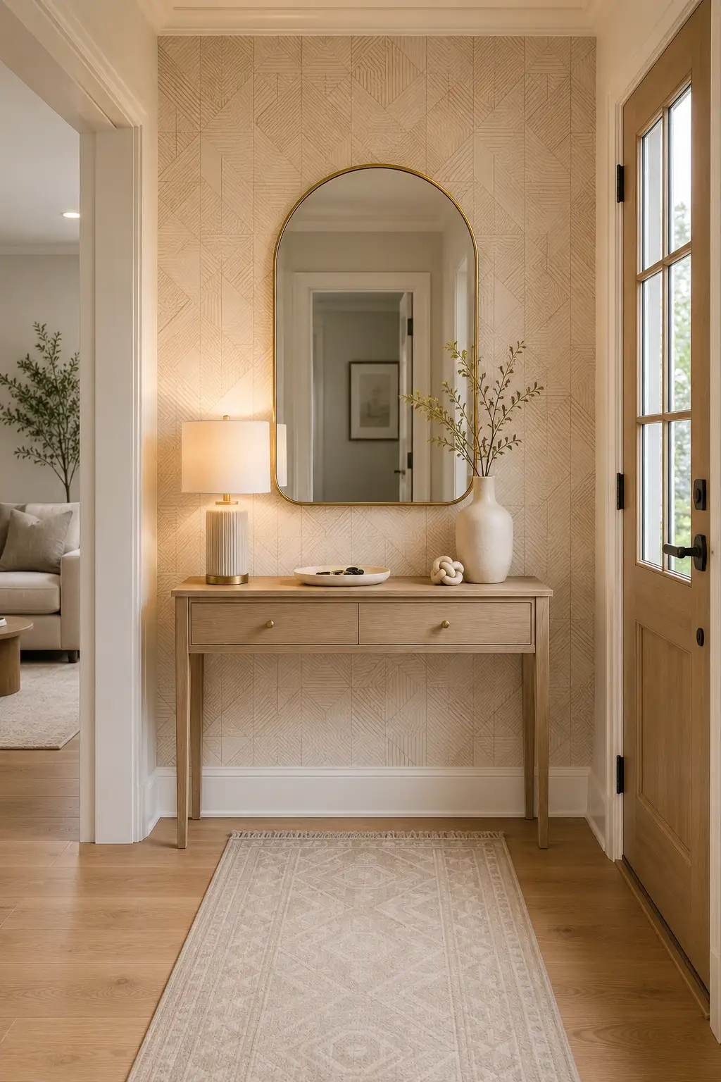 Stylish small entryway featuring a slim natural wood console with two drawers, tall arched brass framed mirror, subtle geometric patterned feature wall, warm cream and beige tones, contemporary table lamp, large ceramic vase with delicate branches, shallow decorative tray, small sculptural accent, neutral patterned runner, natural oak flooring, and refined modern entryway styling.