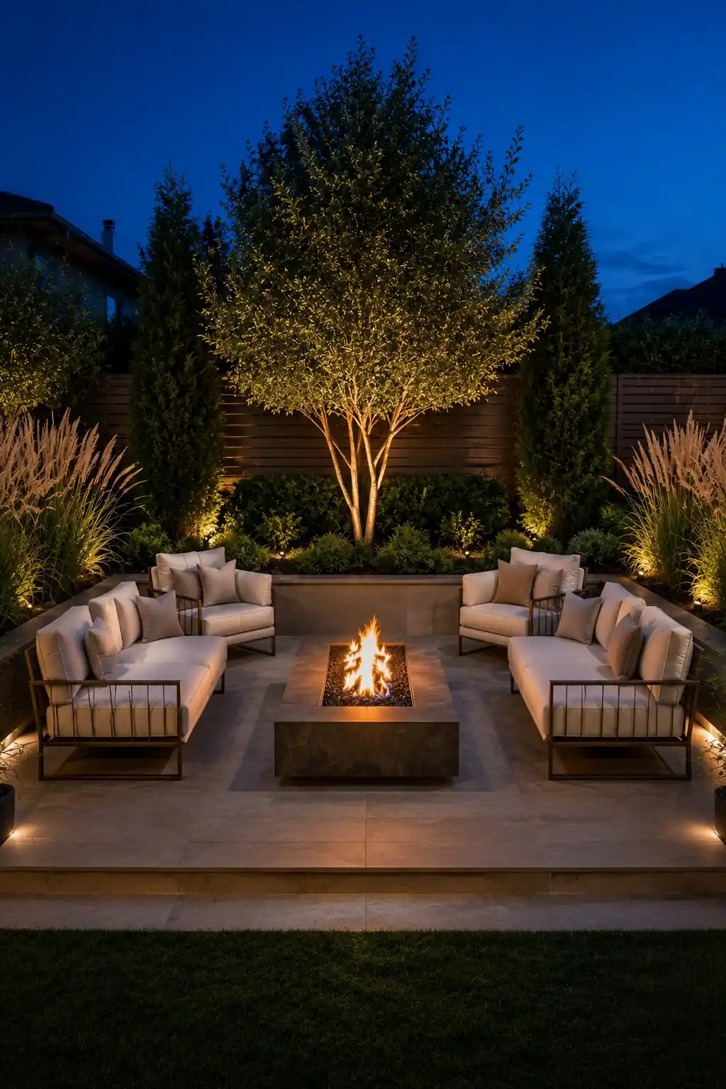 Modern backyard fire pit lounge featuring a long rectangular fire table surrounded by cream cushioned sofas and lounge chairs, large neutral patio pavers, illuminated mature tree, tall privacy greenery, ornamental grasses, and warm landscape lighting for cozy evening entertaining.