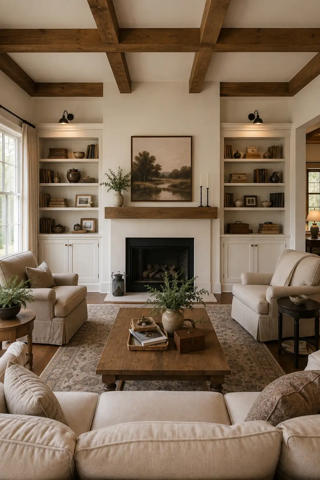 Joanna Gaines style living room centered around a black fireplace with white built in bookshelves, warm wood ceiling beams, oversized rustic coffee table, cream upholstered seating, vintage area rug, landscape artwork, pottery, books, and collected decorative accents.