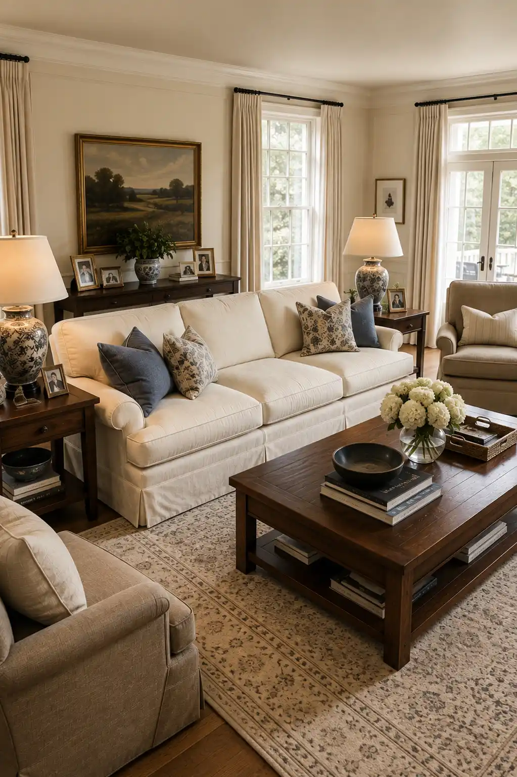 Polished Nancy Meyers living room featuring a comfortable cream sofa, neutral armchairs, rich dark wood coffee table and console, navy blue pillows, traditional landscape artwork, ceramic lamps, fresh flowers, patterned rug, and tall windows with ivory curtains.
