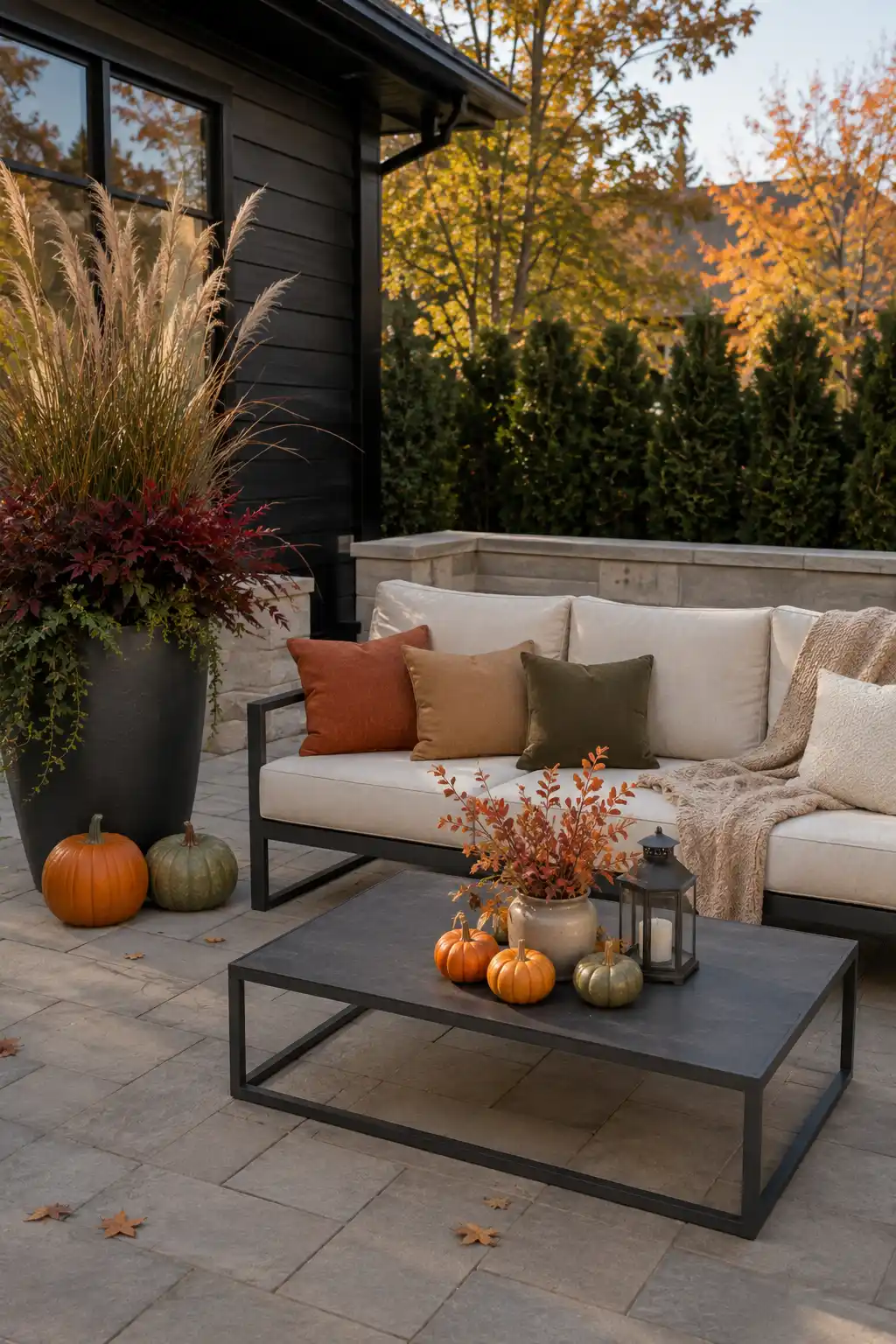 Modern fall patio decor featuring neutral outdoor seating with burnt orange, camel, and olive cushions, a black coffee table styled with miniature pumpkins and autumn branches, plus a statement planter filled with seasonal grasses and foliage.