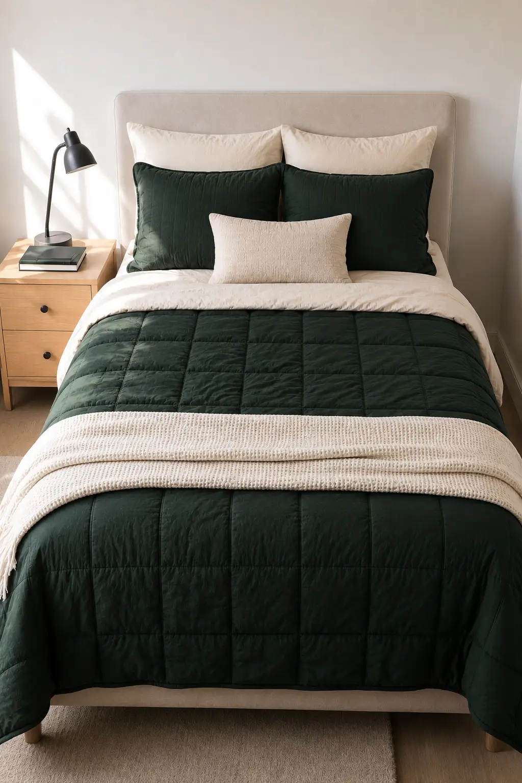 Forest green dorm bedding idea featuring a deep green quilted comforter, matching green pillows, warm cream sheets, a textured cream lumbar cushion, and a woven cream throw styled with light wood furniture in a comfortable college dorm room.