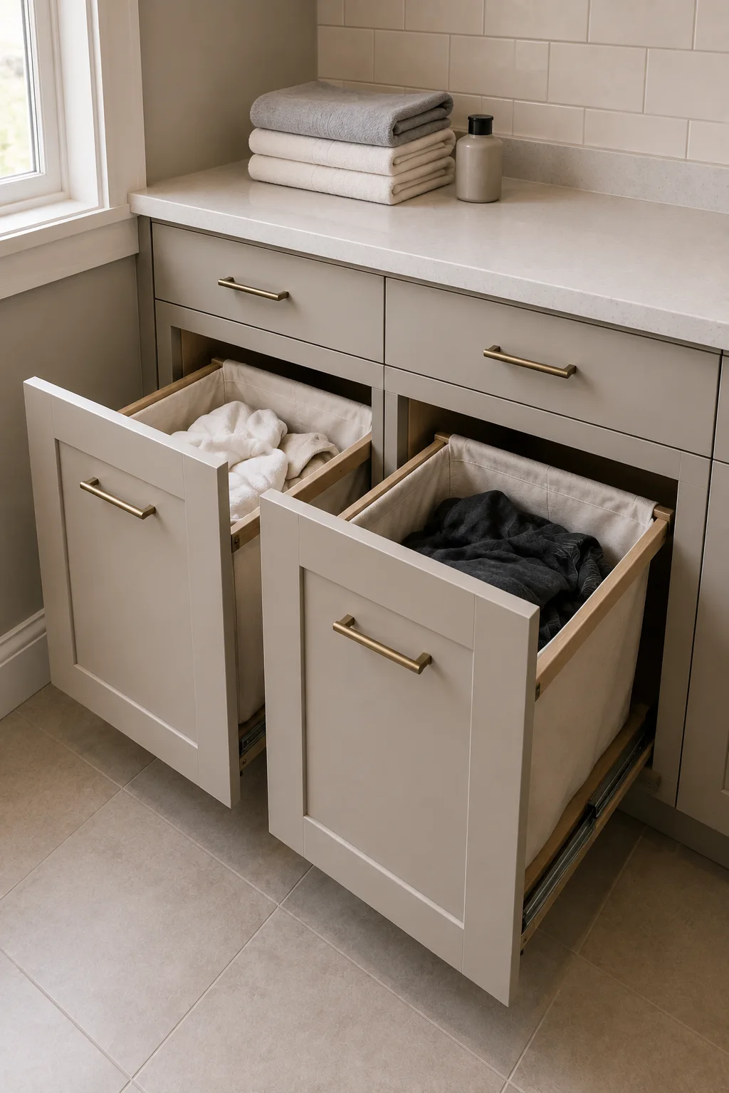 Modern laundry room storage with hidden pull out hampers built into lower cabinets beneath a folding countertop, featuring separate baskets for sorting light and dark clothes while keeping dirty laundry neatly concealed and off the floor.