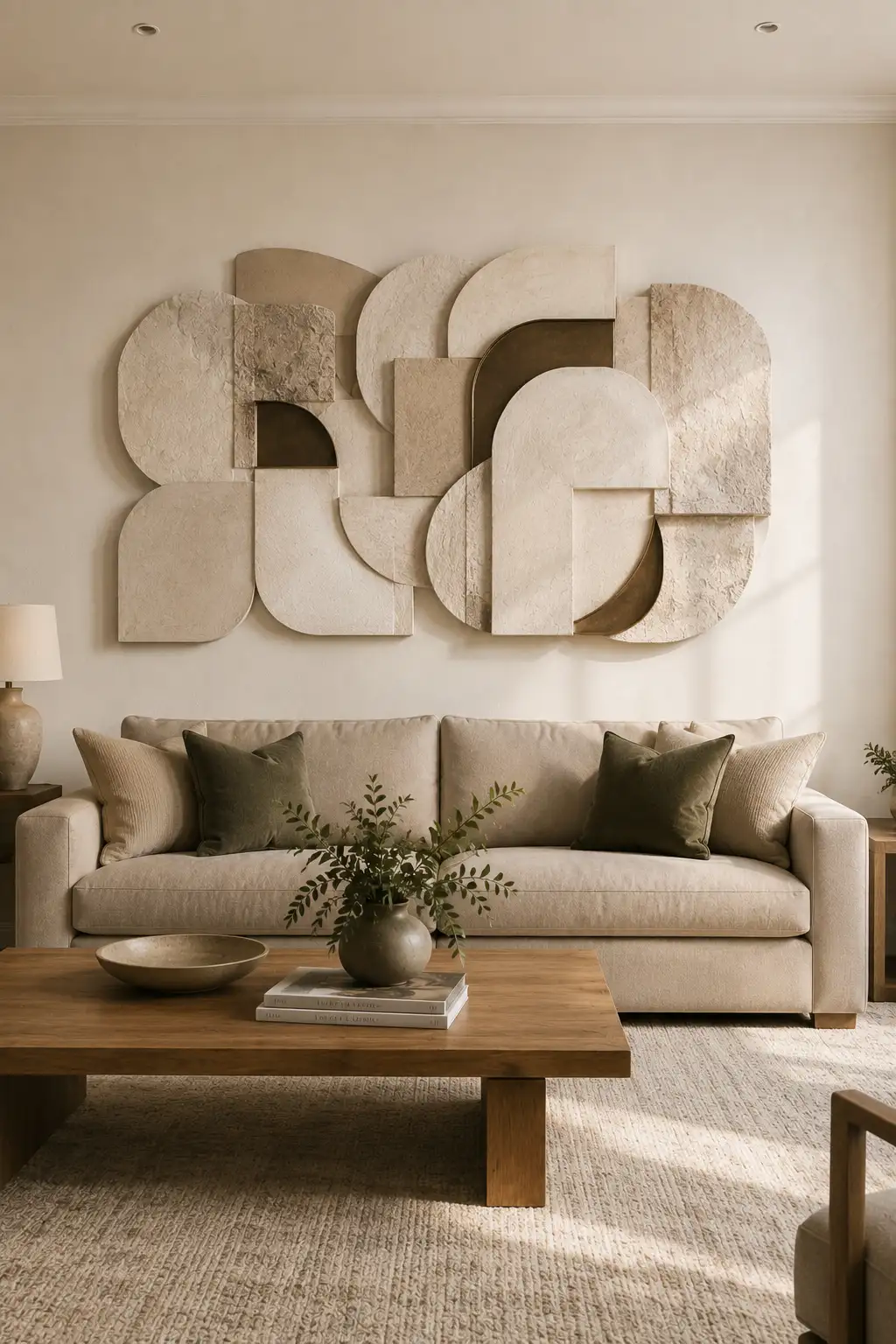 Modern living room wall decor featuring oversized sculptural wall art with layered geometric shapes, curved forms, textured neutral surfaces, and subtle bronze accents above a cream sofa in a sophisticated contemporary interior.