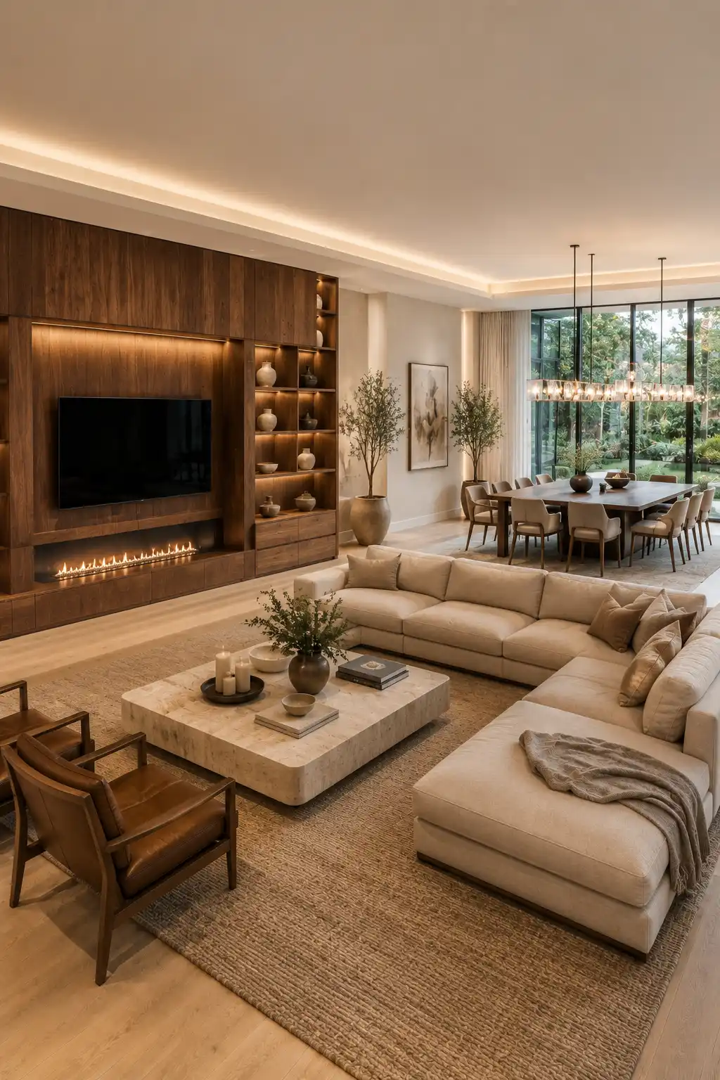 Warm modern open layout living room dining room showcasing a dramatic walnut media wall with a floating fireplace, oversized neutral sectional sofa, luxury stone coffee table, spacious wood dining table, elegant linear chandelier, floor to ceiling glass windows, light oak flooring, premium lighting, and sophisticated contemporary interior design.