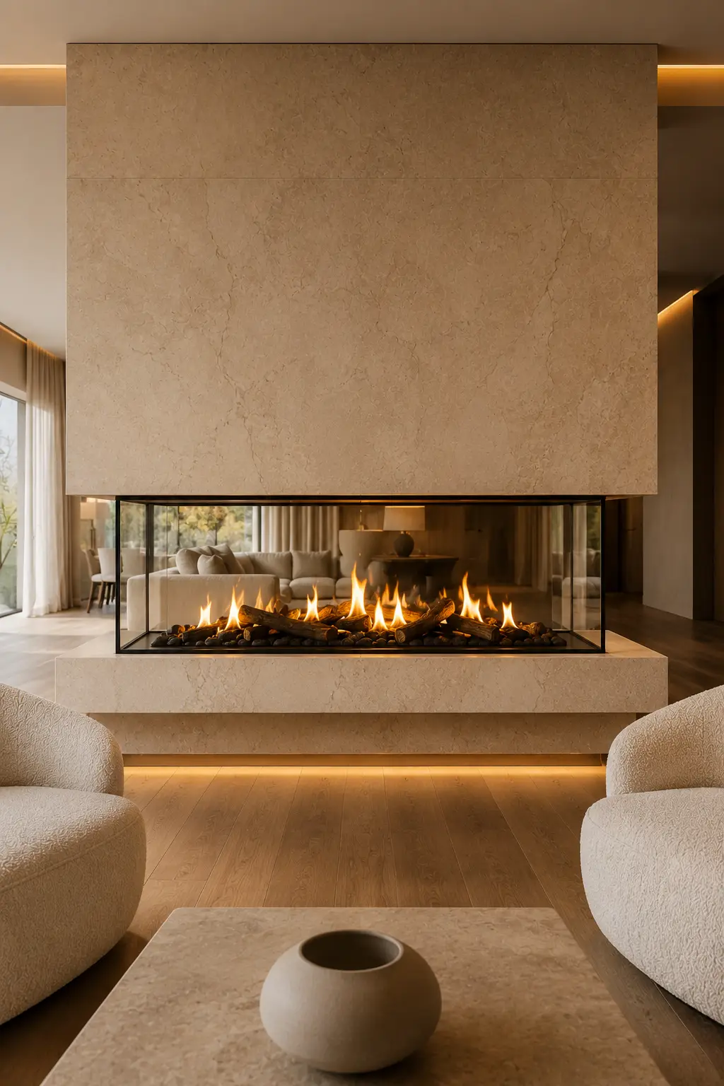 Luxury double sided glass fireplace with crystal clear frameless panels, floor to ceiling limestone surround, realistic modern fireplace flames, floating stone hearth, warm ambient lighting, and an elegant open concept living room featuring premium contemporary interior design.