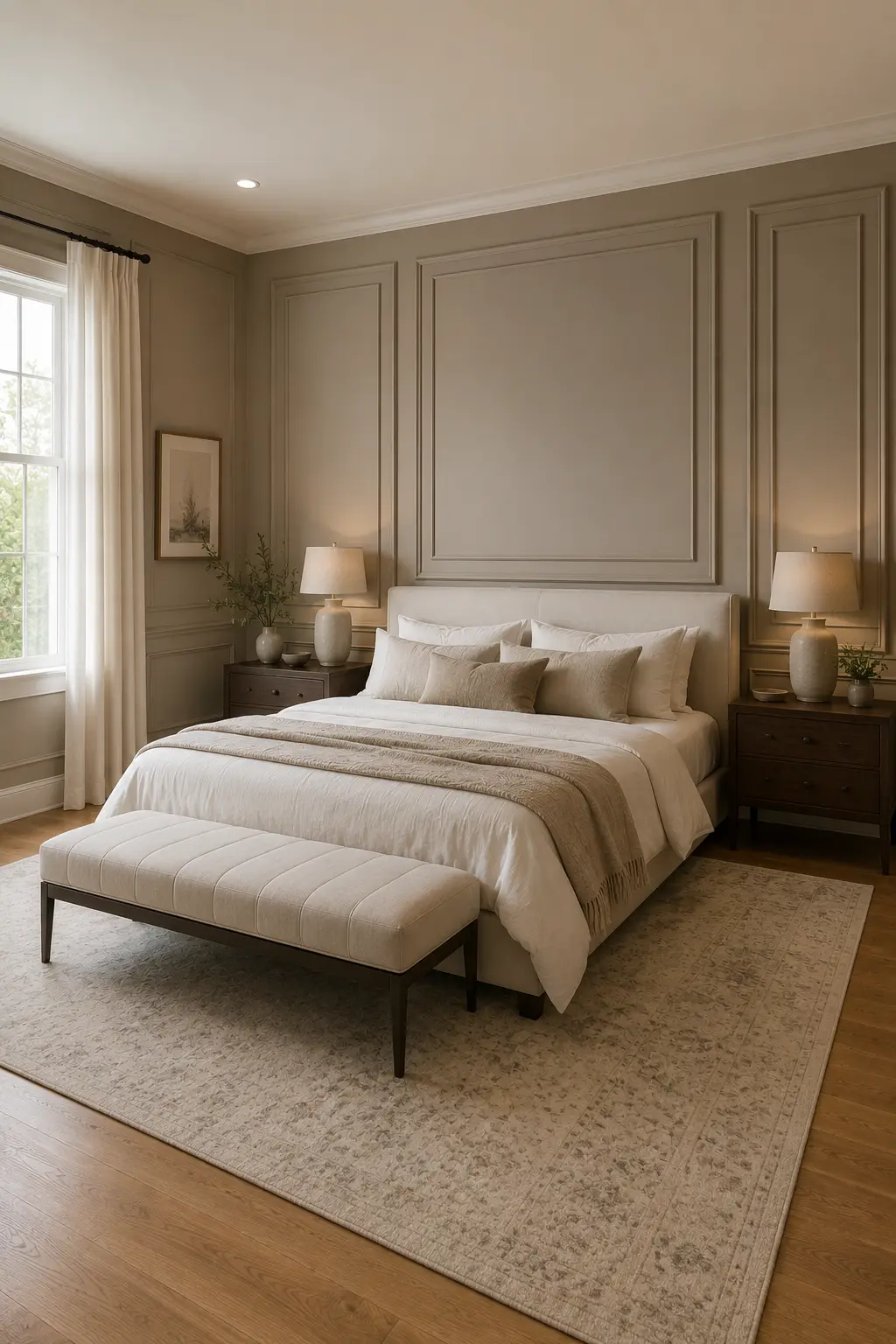 Polished adult bedroom featuring elegant full wall molding in a warm taupe shade, cream upholstered bed, crisp neutral bedding, dark wood nightstands, matching ceramic lamps, upholstered bench, patterned area rug, and soft floor length curtains.