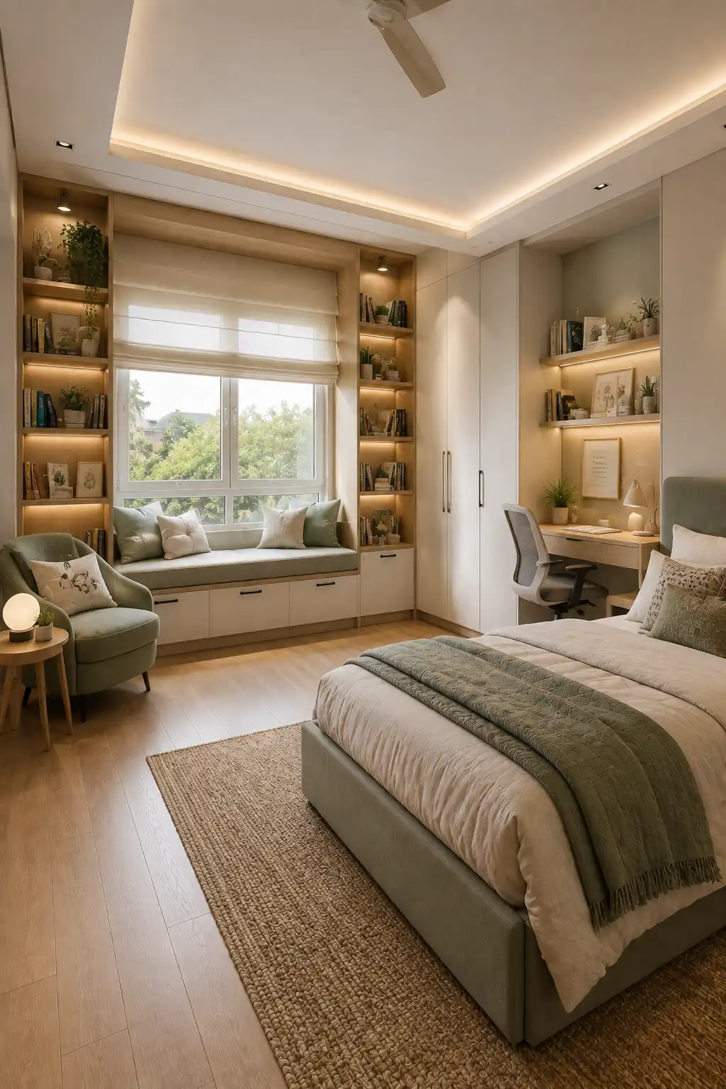 Modern kids bedroom renovation featuring a cozy built in window reading nook, cushioned window seat, storage drawers, illuminated floor to ceiling bookshelves, dedicated study desk, custom wardrobes, upholstered bed, and soft green accents for a functional reading friendly room.