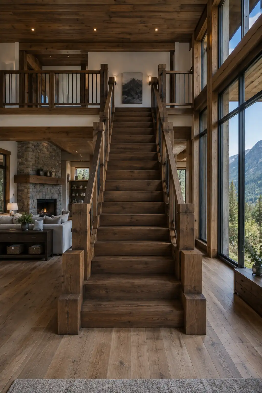 Dramatic real home staircase featuring deep dark timber steps, chunky square wooden posts, dark wood railings, black metal balusters, matching timber ceiling beams, natural stone accents, warm interior lighting, large windows, and a rustic Minecraft inspired block staircase aesthetic.