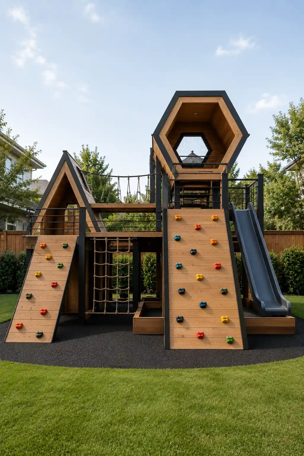 Modern backyard kids adventure playground featuring a large geometric wooden tower with warm natural wood climbing surfaces, two angled climbing walls covered with colorful climbing holds, central rope climbing net, elevated walkway, enclosed hexagonal upper playhouse, dark charcoal structural framing, modern gray slide, black safety flooring, green lawn, trees, and contemporary residential landscaping.