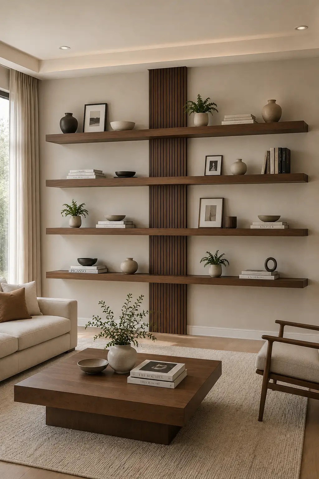 Refined modern living room featuring long walnut floating shelves layered across a warm beige wall with a narrow vertical walnut slatted panel running behind the center of the arrangement. The contrast between the horizontal floating shelves and vertical wood slats creates a strong architectural focal wall with contemporary depth. Neutral vases, framed artwork, books, sculptural objects, and greenery style the shelves, complemented by a cream sofa, walnut coffee table, textured rug, and modern lounge chairs.