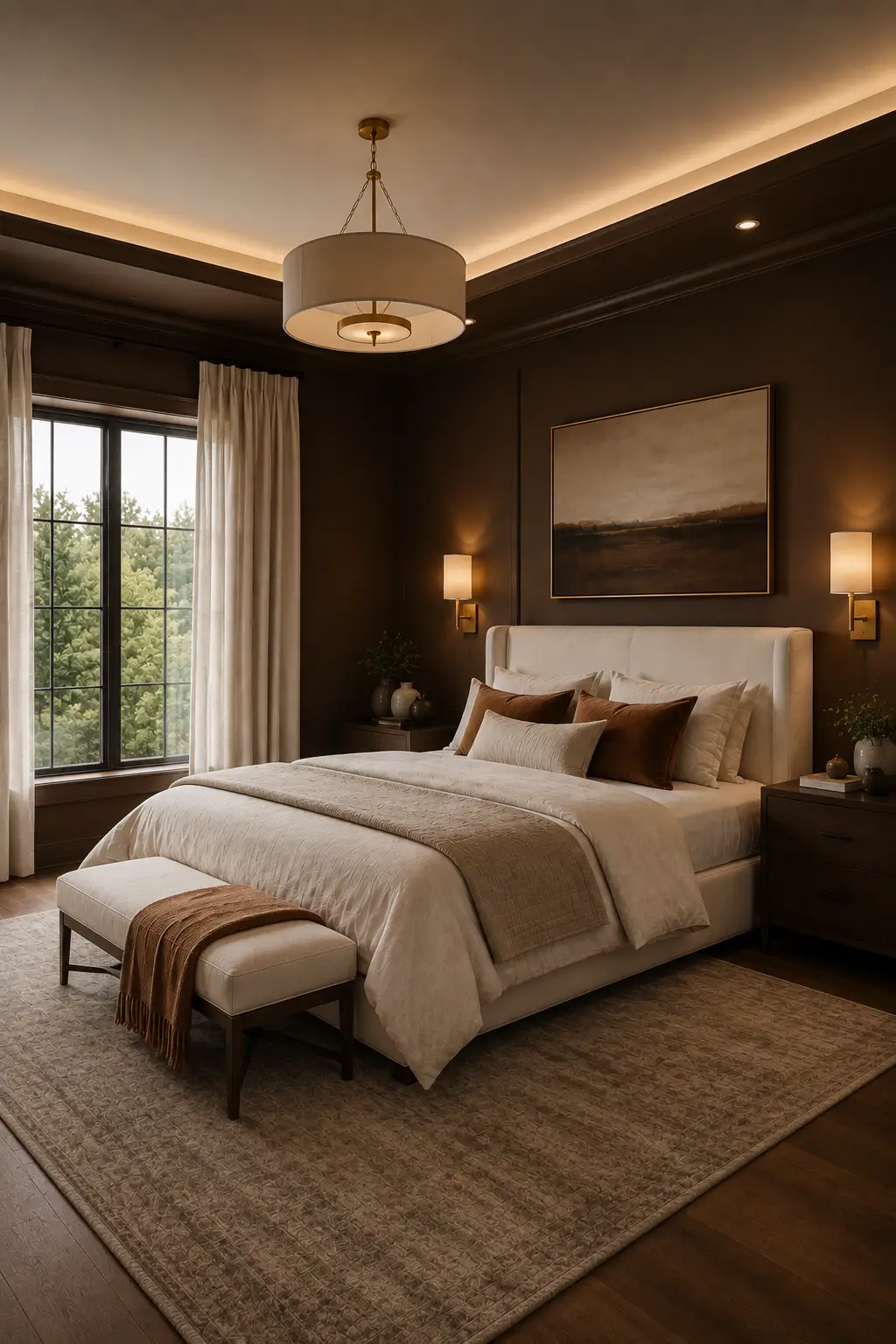 Dramatic modern luxury bedroom featuring rich chocolate brown painted walls with classic panel molding, a large cream upholstered bed with soft ivory bedding and warm brown accent pillows, dark walnut nightstands, elegant brass wall sconces, a large textured taupe rug, cream floor-to-ceiling curtains, dark hardwood flooring, framed neutral artwork, and warm layered lighting creating an intimate boutique hotel atmosphere.