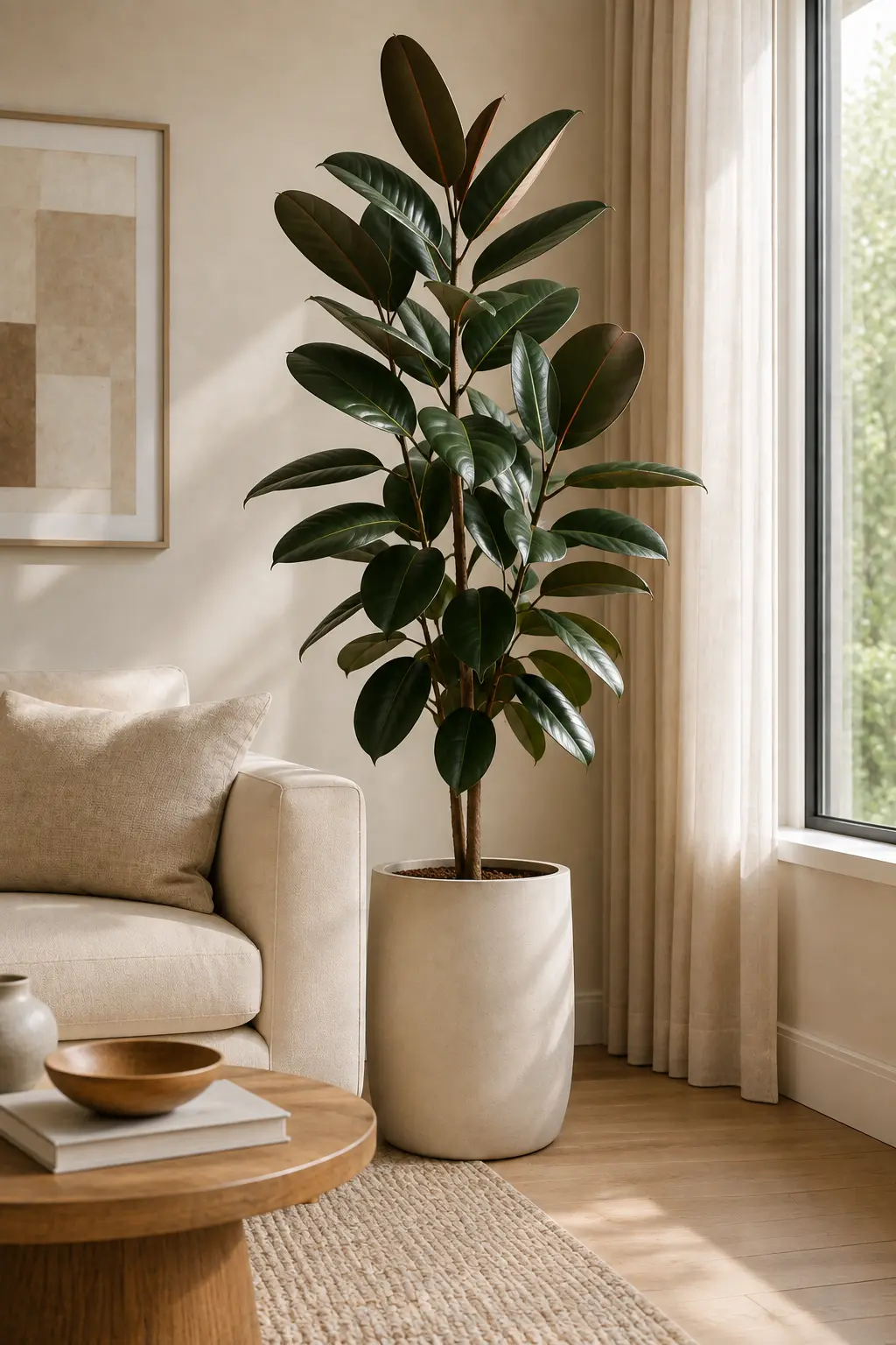 Tall Rubber Plant with large glossy dark green leaves and multiple upright stems in a large neutral ceramic planter beside a cream sofa, round wooden coffee table, soft rug, curtains, and bright window in a sophisticated modern living room.