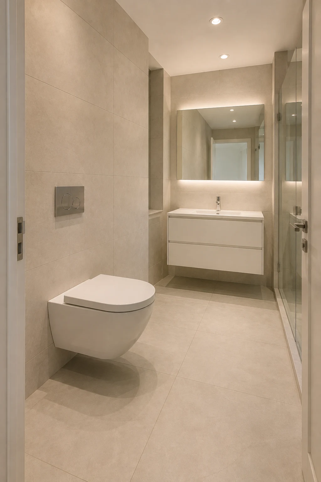 Elegant small bathroom designed with a cohesive neutral color palette of warm ivory, beige, cream, and soft greige. The compact space features large format porcelain tiles, a floating white vanity, wall mounted fixtures, frameless mirror, clear glass shower, and warm recessed lighting for a bright, refined, designer inspired bathroom look.