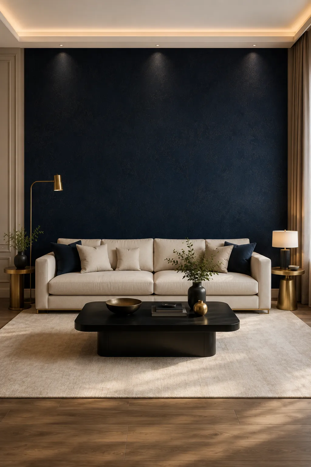 Luxurious modern living room featuring a dramatic deep navy textured wallpaper accent wall with subtle tonal detailing, cream sofa, dark coffee table, navy cushions, warm brass lighting, neutral rug, wood flooring, and elegant layered ambient lighting.