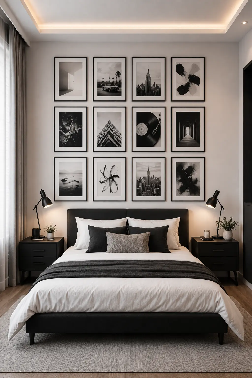 Modern teen bedroom featuring a perfectly arranged grid gallery wall with twelve matching black frames displaying black and white photography, architectural images, music artwork, city scenes, and abstract prints above a contemporary upholstered bed. The room includes neutral bedding, black nightstands, modern lamps, warm lighting, and a clean editorial bedroom decor style.