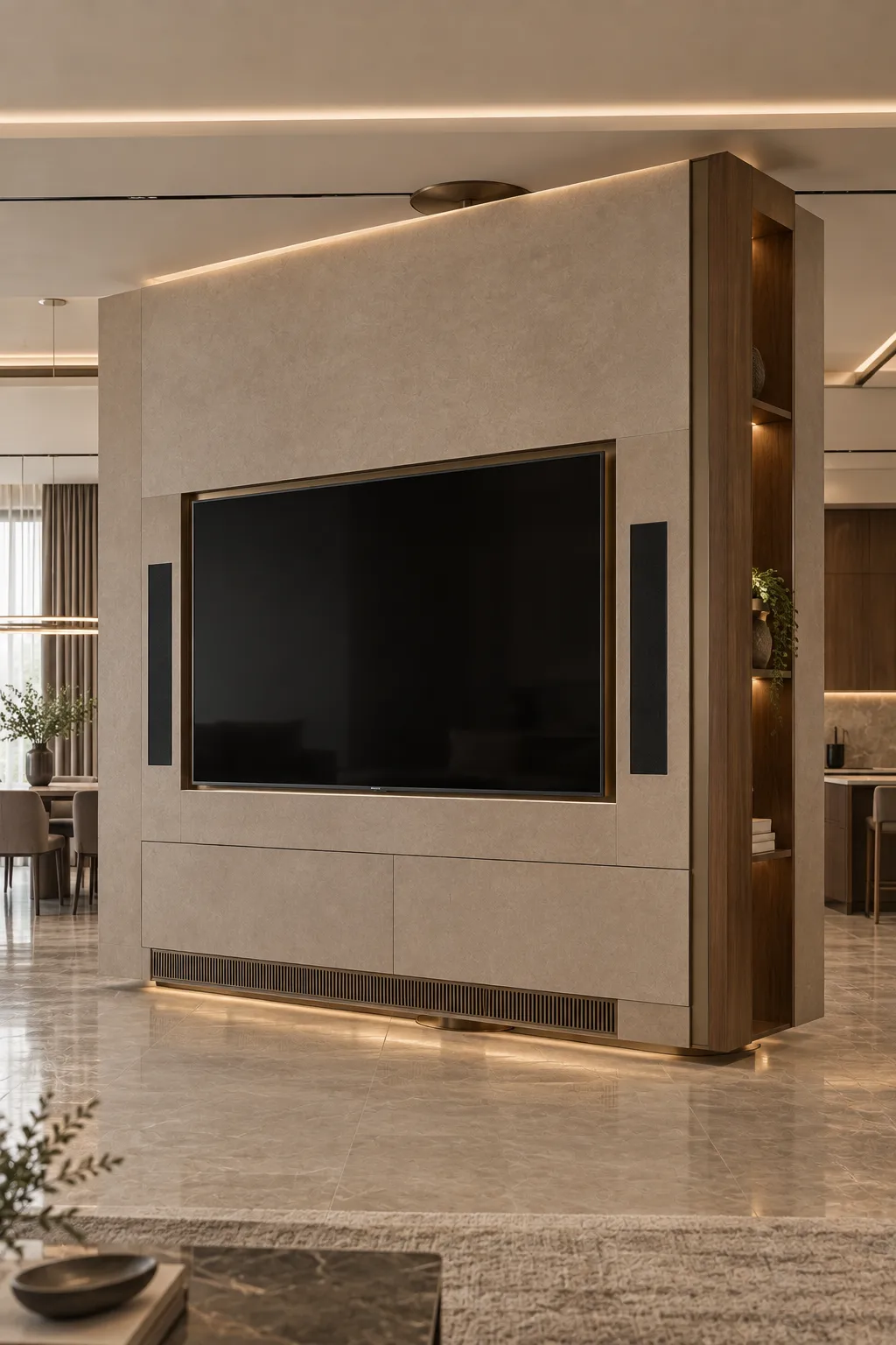 Freestanding architectural TV wall partition featuring a large recessed television, integrated speakers, concealed lower storage, warm wood side shelving, display niches, subtle LED lighting, and a rotating structure designed for a stylish open plan modern interior.