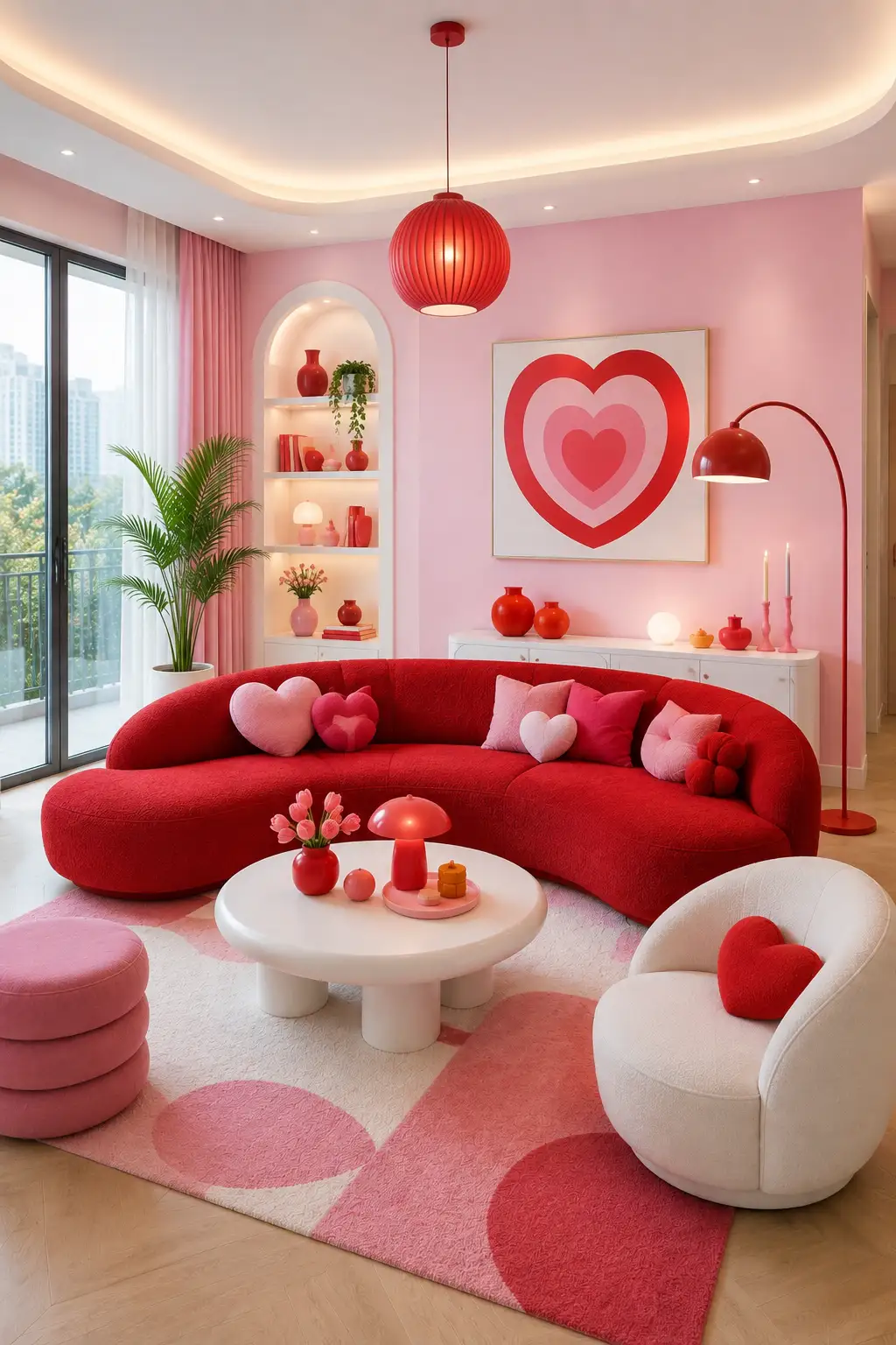 Bold Toca Boca inspired living room featuring a deep red curved sectional sofa, pink walls, red pendant light, red curved floor lamp, heart shaped wall artwork, pink and red decorative cushions, white rounded coffee table, pink and cream geometric area rug, white curved lounge chair, colorful shelving, indoor palm plant, playful accessories, and warm contemporary lighting captured in a full room composition.