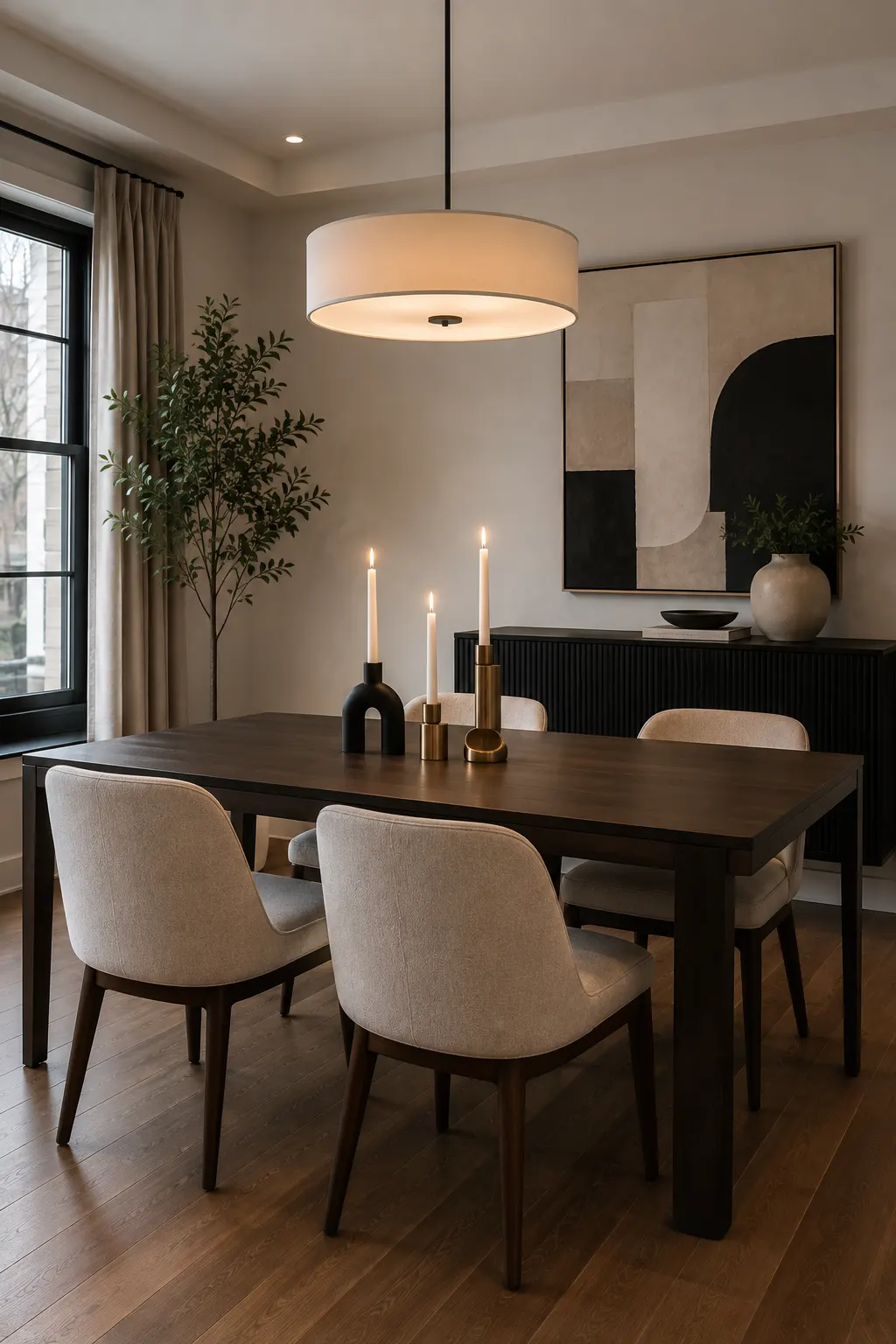 Modern dining room featuring a dark wood rectangular dining table surrounded by cream upholstered chairs, styled with sculptural black and brass candle holders, a large contemporary pendant light, abstract wall art, and a tall indoor tree for a refined designer-inspired look.