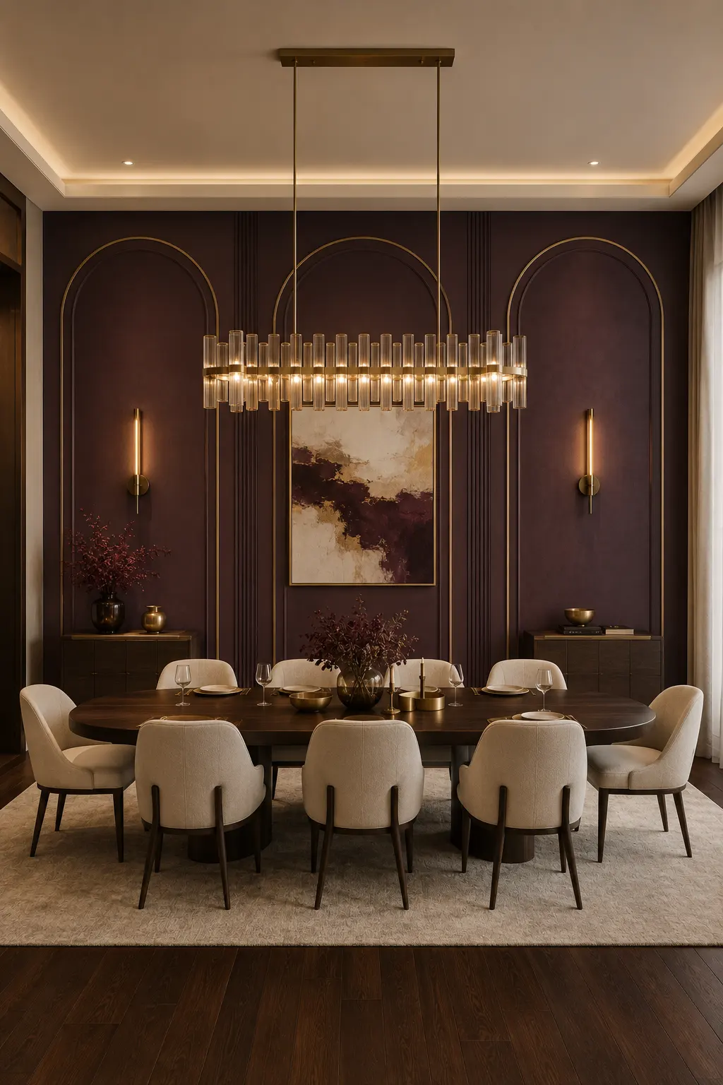 Luxury dining room featuring a rich deep plum accent wall with elegant arched architectural molding, slim vertical wall panels, warm brass trim, large contemporary chandelier, oversized abstract artwork, dark walnut dining table, cream upholstered dining chairs, neutral area rug, and dramatic sophisticated interior lighting.