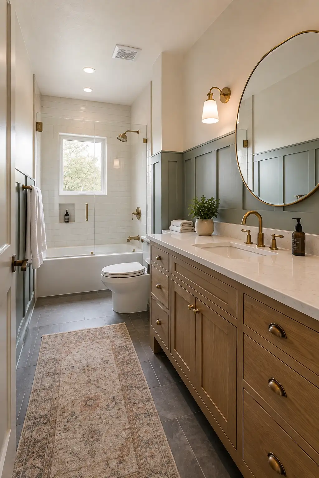 Elegant sage green bathroom with muted green board-and-batten wainscoting covering the lower walls, warm cream upper walls, natural wood vanity with detailed cabinetry, white countertop, large rounded brass-framed mirror, brushed brass faucet and wall lighting, white tiled bathtub surround, white toilet, dark neutral flooring, vintage-inspired runner, folded towels, and subtle greenery.