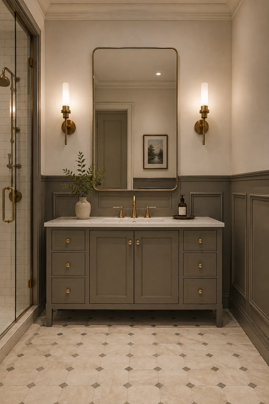 Modern vintage bathroom with dark taupe raised-panel wainscoting, matching paneled vanity, white countertop, antique brass hardware, rounded brass-framed mirror, warm cream upper walls, geometric floor tile, and refined traditional architecture.