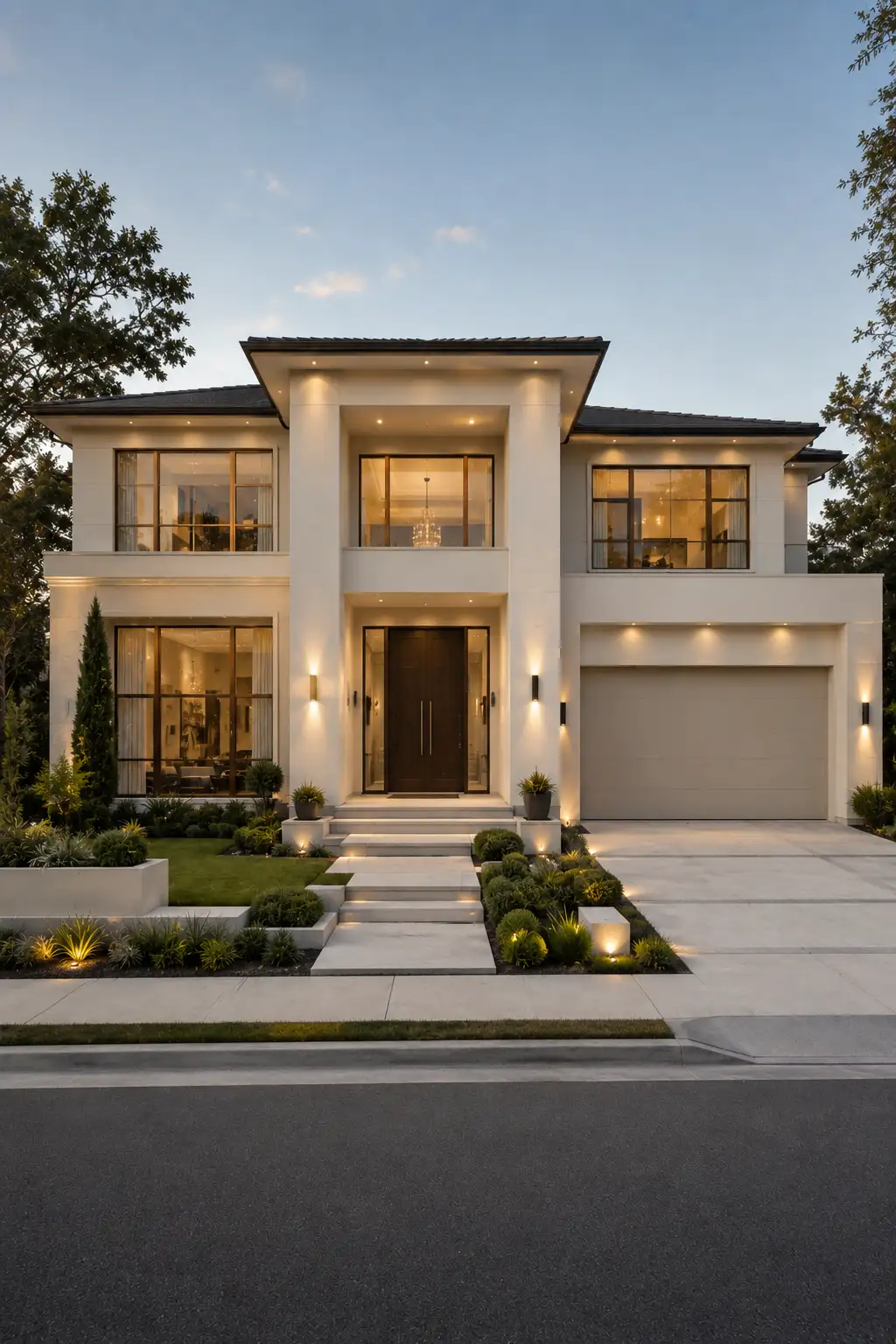 Elegant luxury contemporary home with soft ivory exterior paint, black framed windows, dark roofline, rich wood entrance door, modern garage, symmetrical front facade, manicured landscaping, concrete walkway, and warm exterior lighting.