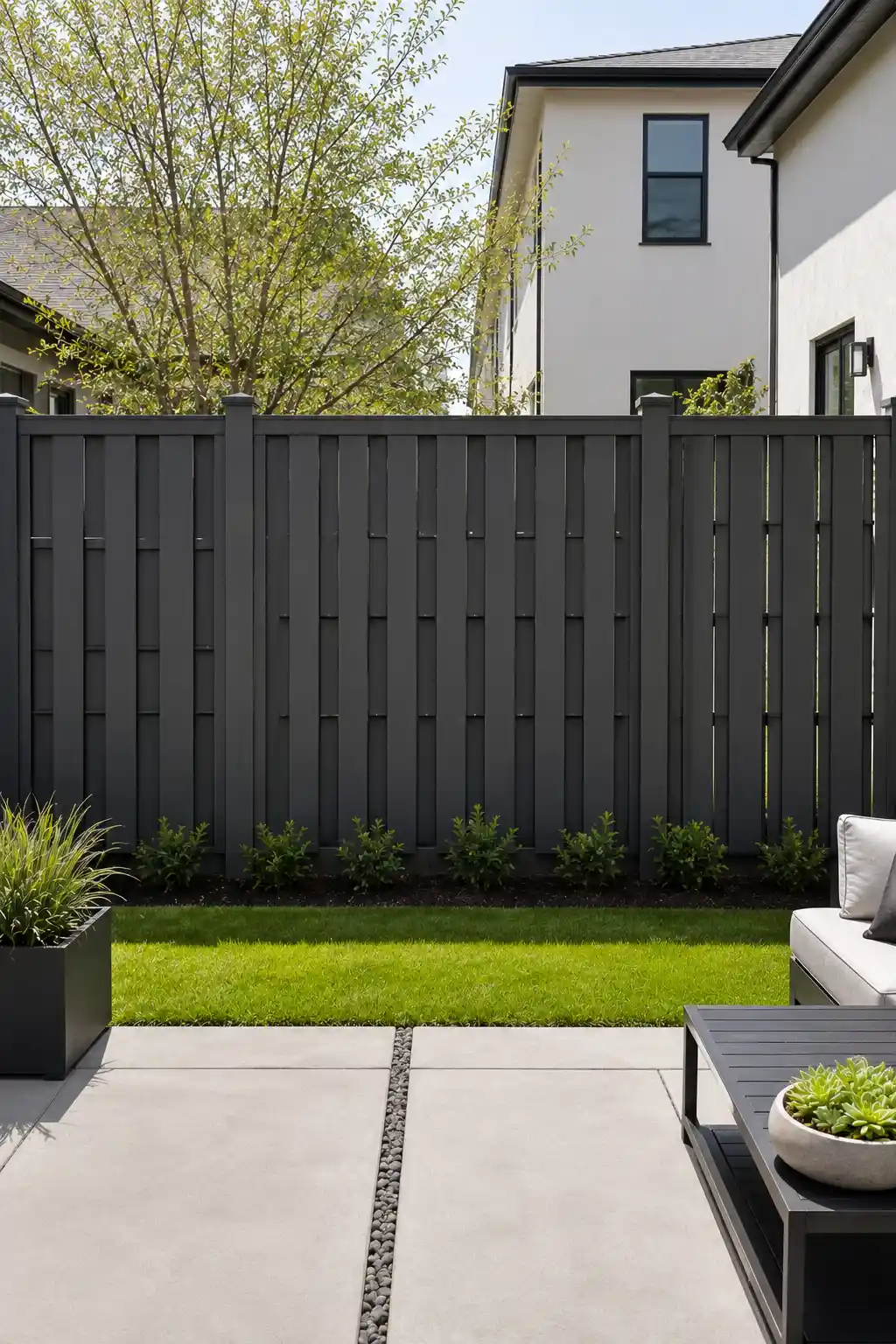 Modern dark charcoal privacy fence made with closely spaced vertical boards in a clean layered arrangement, creating a strong contemporary backdrop for a landscaped backyard with green grass, low shrubs, concrete patio, and modern furniture.