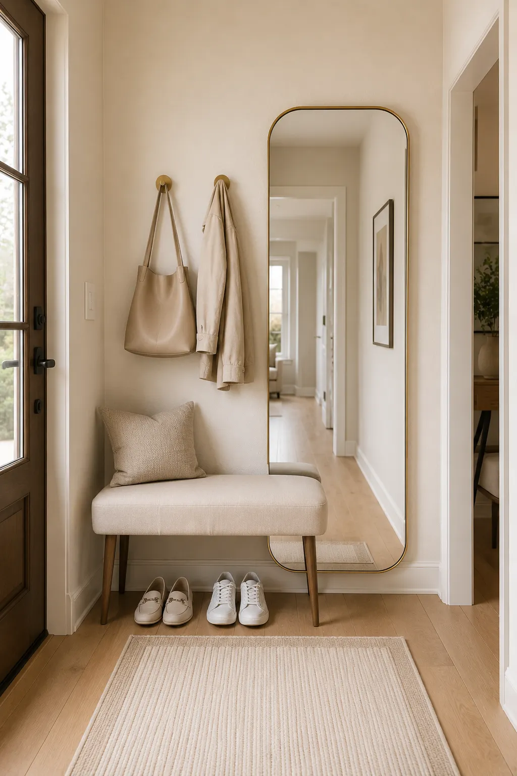 Compact modern entryway featuring a slim upholstered cream bench with a soft neutral cushion, large full length mirror with rounded corners and a thin brass frame, two minimalist brass wall hooks holding a handbag and light jacket, neatly arranged shoes beneath the bench, warm oak flooring, cream walls, textured neutral runner, and practical contemporary entryway decor.