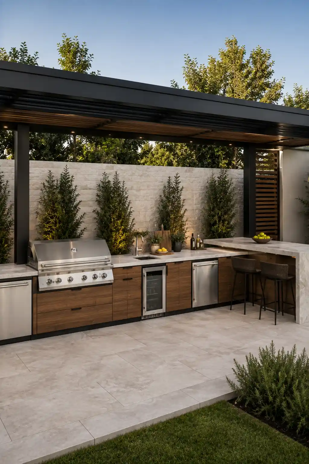 Modern outdoor kitchen with warm wood cabinetry, stainless steel grill, sink and appliances, light stone countertops, raised bar seating, large neutral patio tiles, black pergola structure, privacy greenery, and integrated lighting for stylish backyard entertaining.