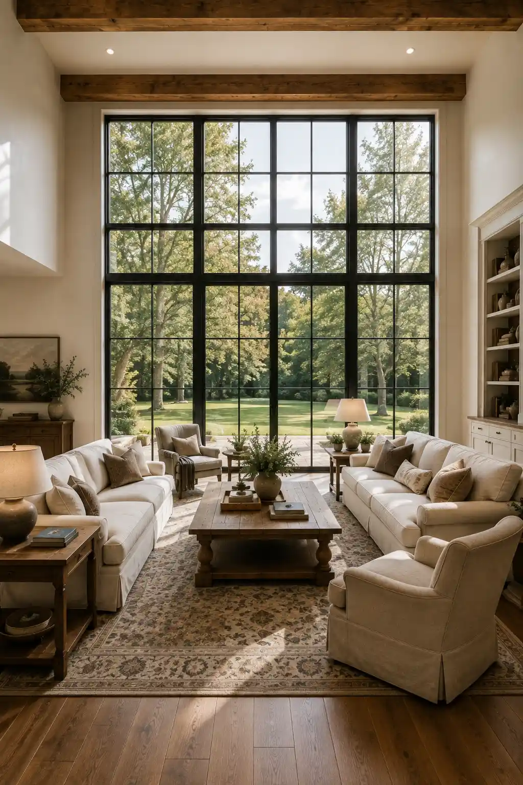 Light filled Joanna Gaines inspired living room with dramatic floor to ceiling black framed windows, creamy neutral sofas, upholstered armchair, rustic wood coffee table, traditional patterned rug, warm wood flooring, greenery, and layered farmhouse inspired decor.