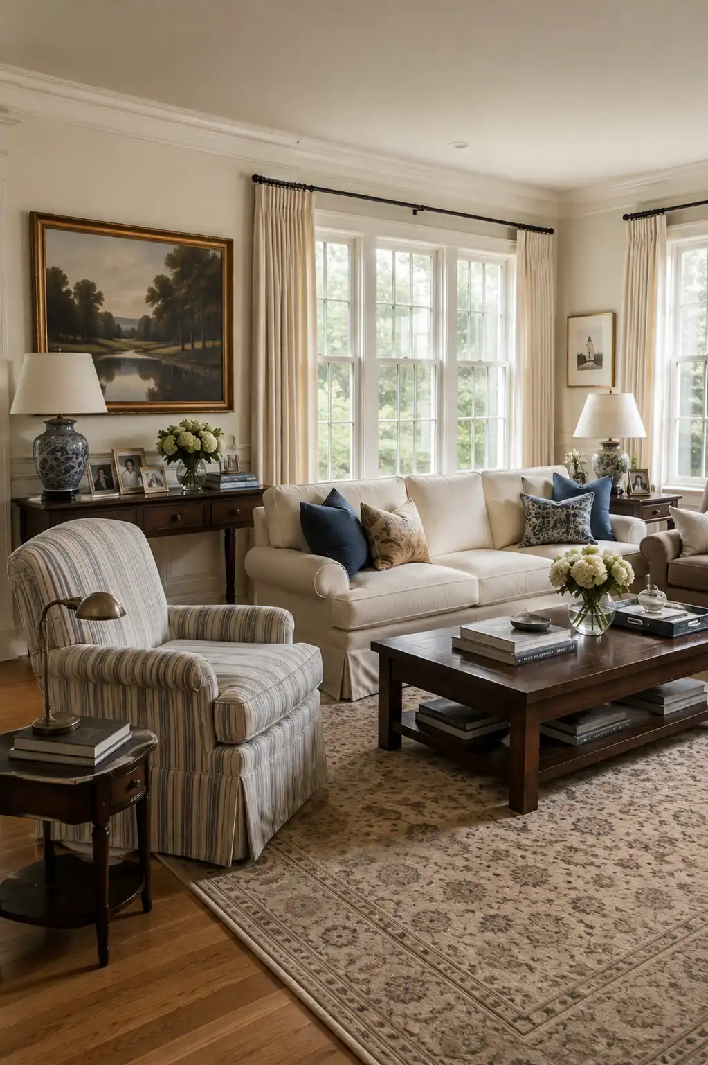 Classic Nancy Meyers inspired living room with a cream sofa, tailored striped armchair, navy and patterned throw pillows, substantial dark wood coffee table, traditional area rug, ceramic lamps, landscape artwork, and tall windows framed with elegant curtains.