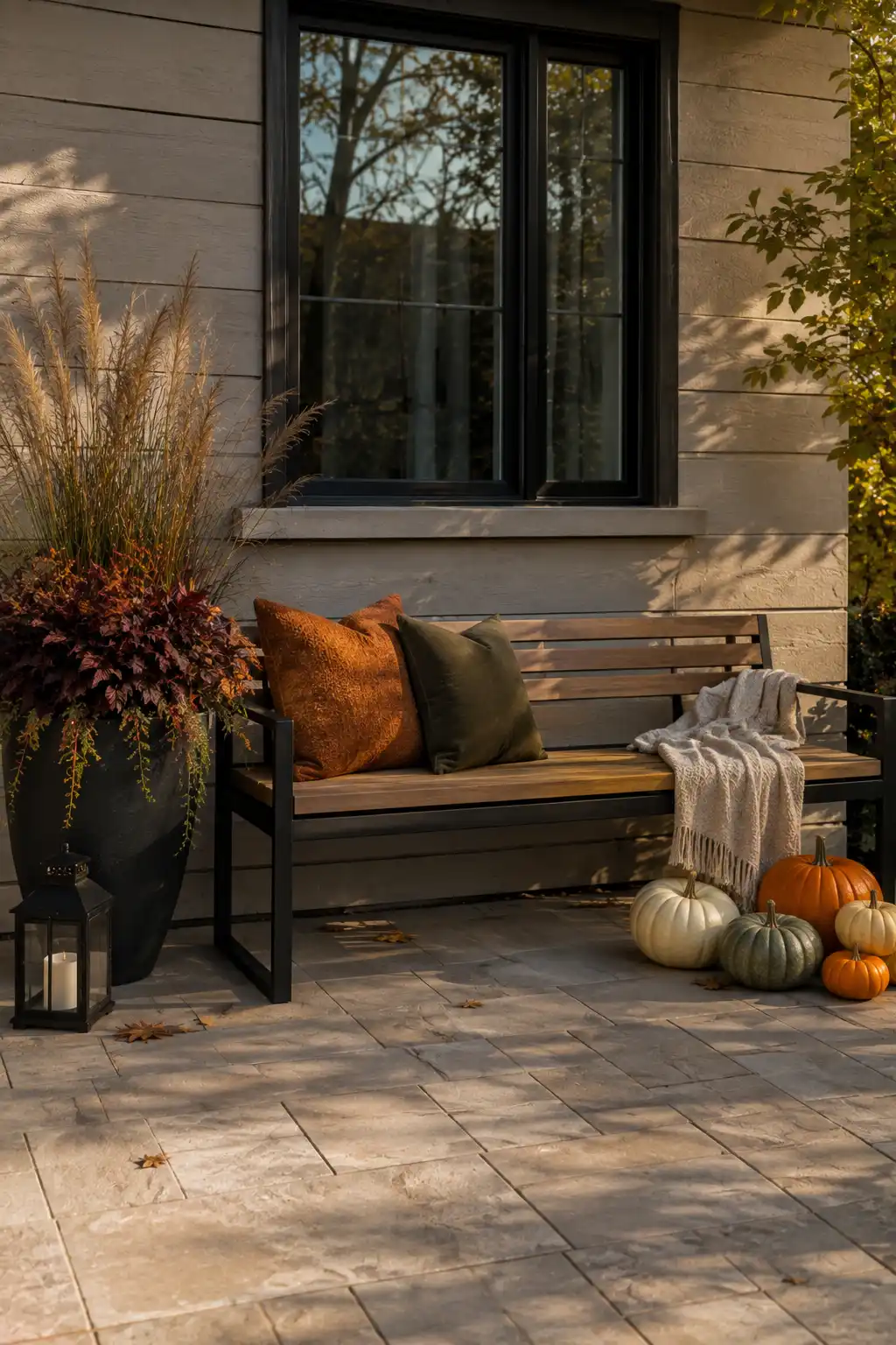 Cozy outdoor fall decor featuring a modern wood and black metal bench styled with burnt orange and olive cushions, a soft neutral throw, grouped pumpkins, a black lantern, and a tall planter overflowing with autumn grasses and burgundy foliage.