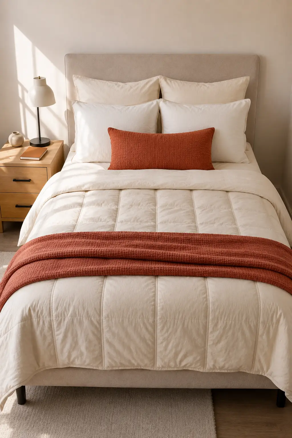 Cream and terracotta dorm bedding idea featuring a soft ivory quilted comforter, layered white pillows, a textured terracotta lumbar cushion, and a matching rust colored throw that adds warmth to a bright and inviting college dorm bed.