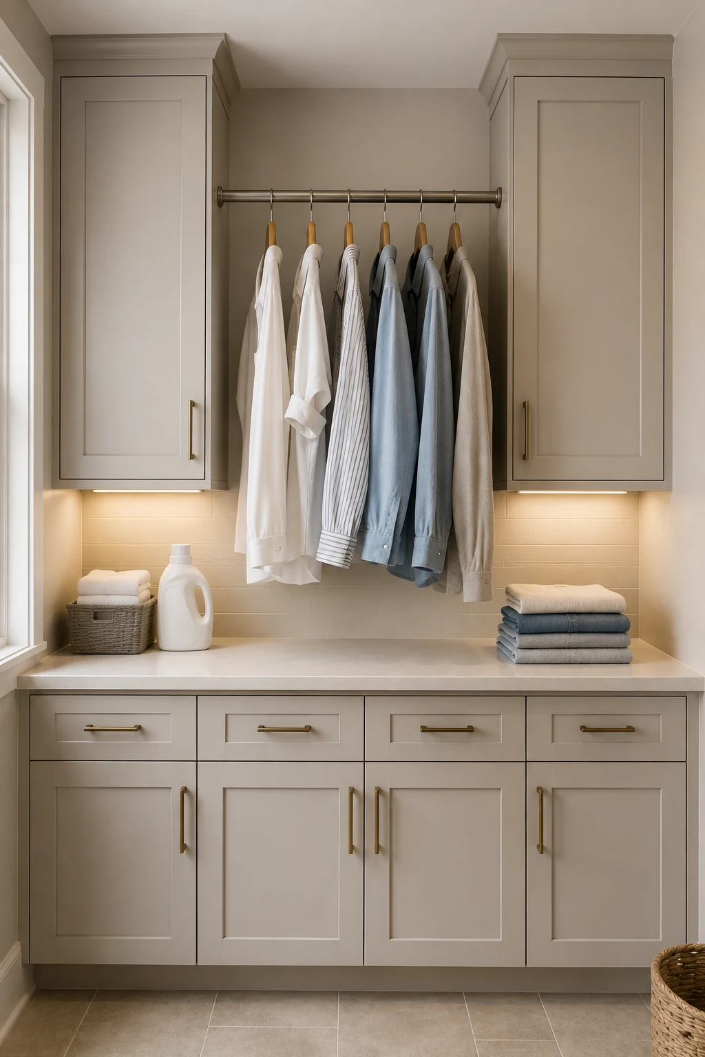 Stylish laundry room organization with a dedicated clothes hanging rail positioned between tall storage cabinets, fresh shirts on hangers, a spacious folding countertop, lower drawers, concealed cabinets, and warm under cabinet lighting.