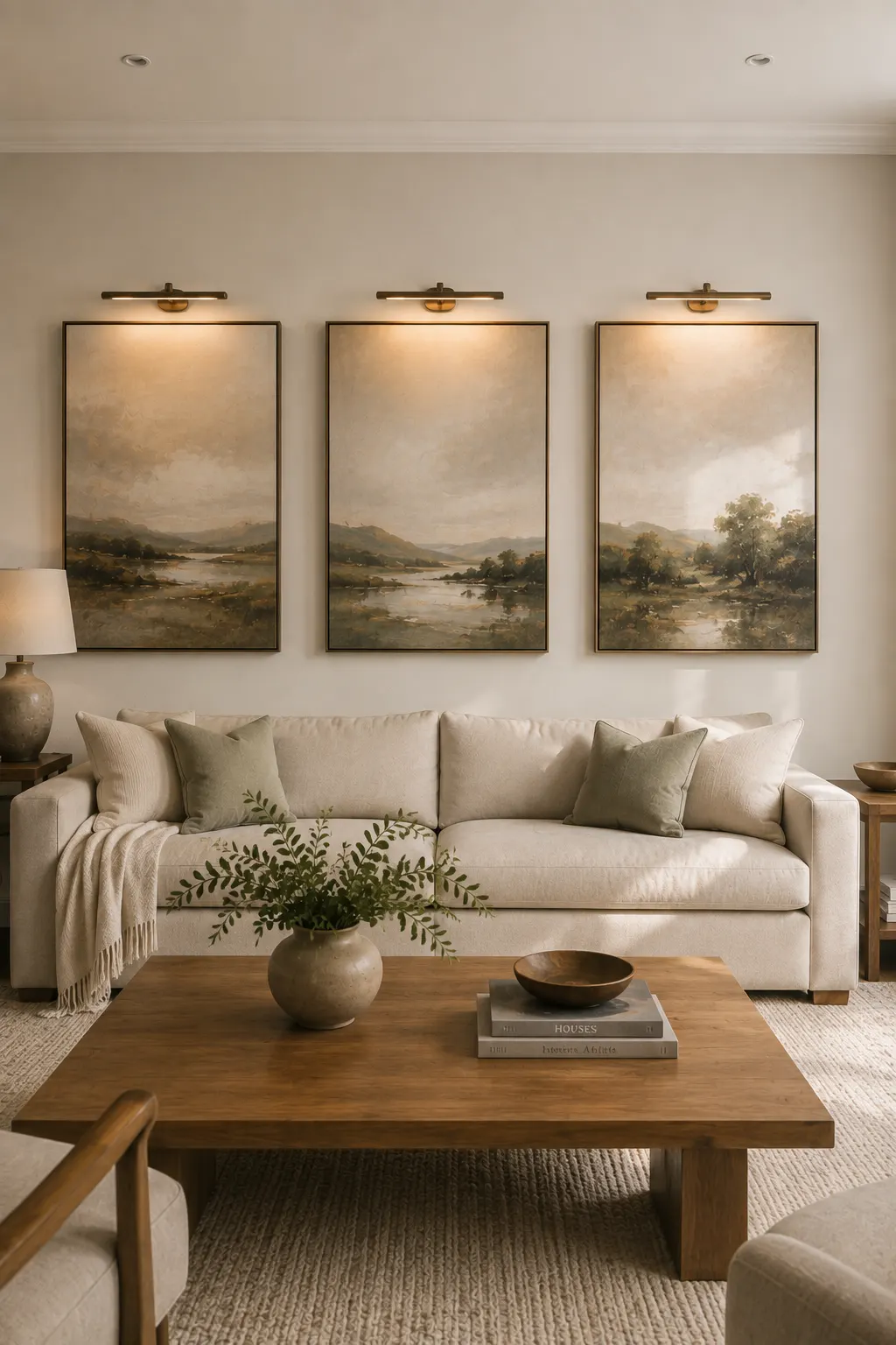 Sophisticated living room wall decor featuring three framed landscape paintings above a neutral sofa, each illuminated by a slim brass picture light for a polished gallery inspired feature wall with warm ambient lighting.