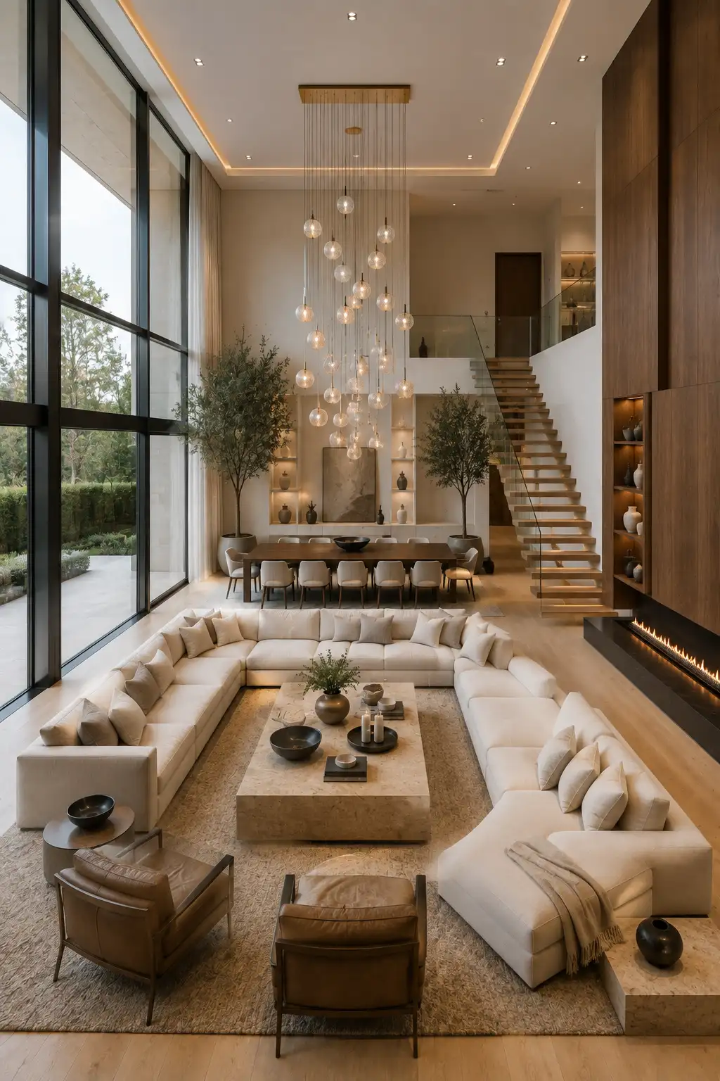 Double height open layout living room dining room featuring soaring ceilings, oversized luxury sectional sofa, floating staircase with glass railing, cascading statement chandelier, custom walnut feature wall, elegant dining area, expansive floor to ceiling windows, oak flooring, layered lighting, and luxurious contemporary home interior.