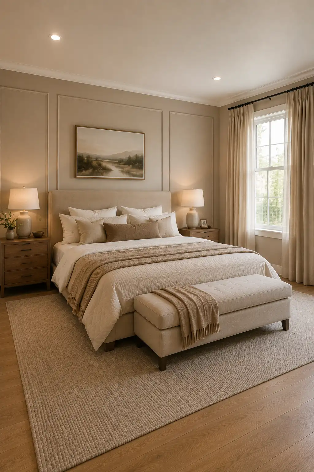 Hotel inspired adult bedroom with a cream upholstered bed, matching end of bed bench, layered neutral bedding, taupe throw blanket, warm wooden nightstands, soft ceramic lamps, large textured rug, subtle wall molding, and elegant bedroom decor.