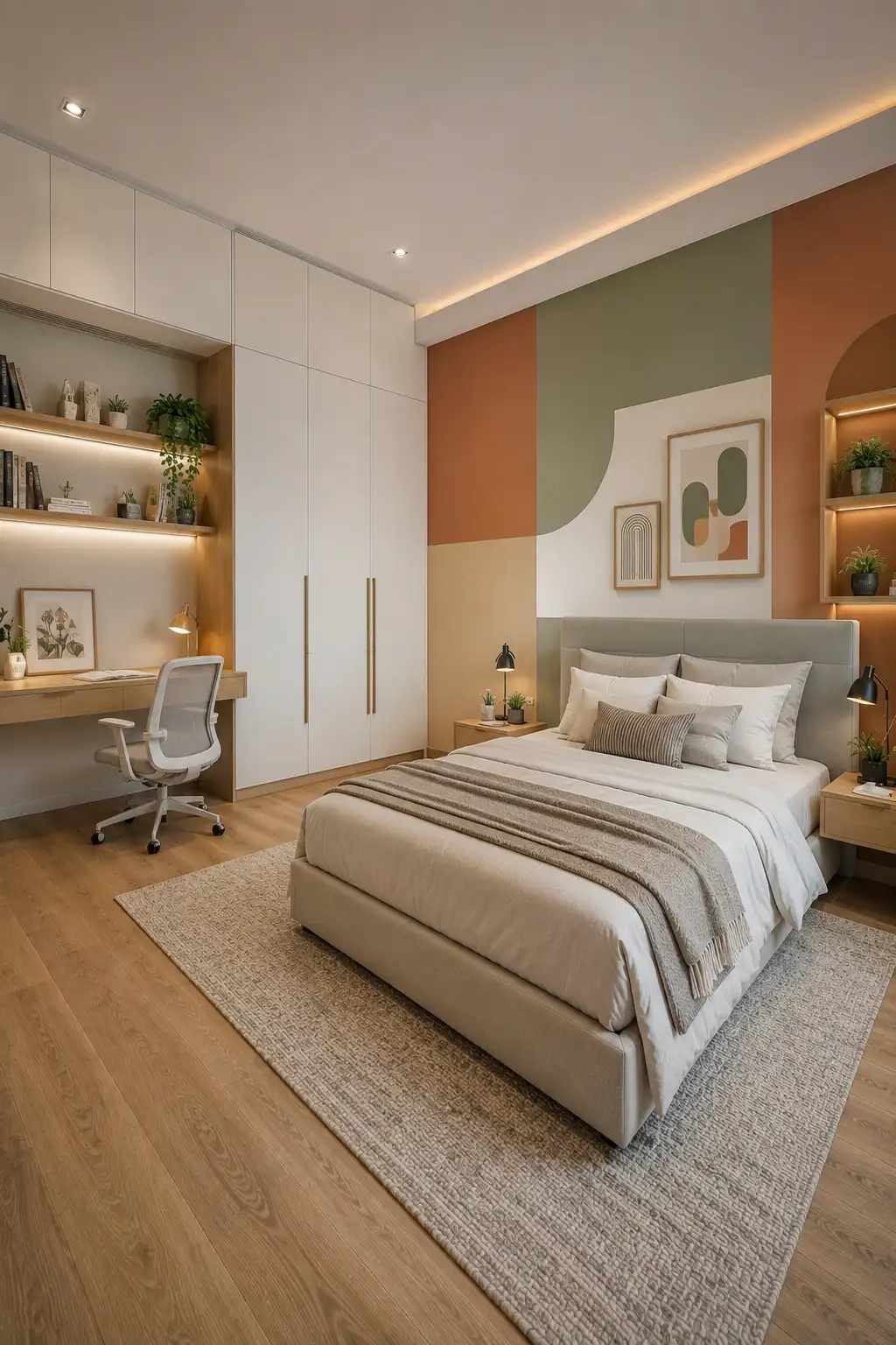 Modern kids room renovation with a stylish color blocked feature wall in muted green, terracotta, cream, and white, paired with an upholstered bed, built in wardrobe, integrated study desk, illuminated shelving, warm wood flooring, and contemporary bedroom decor.