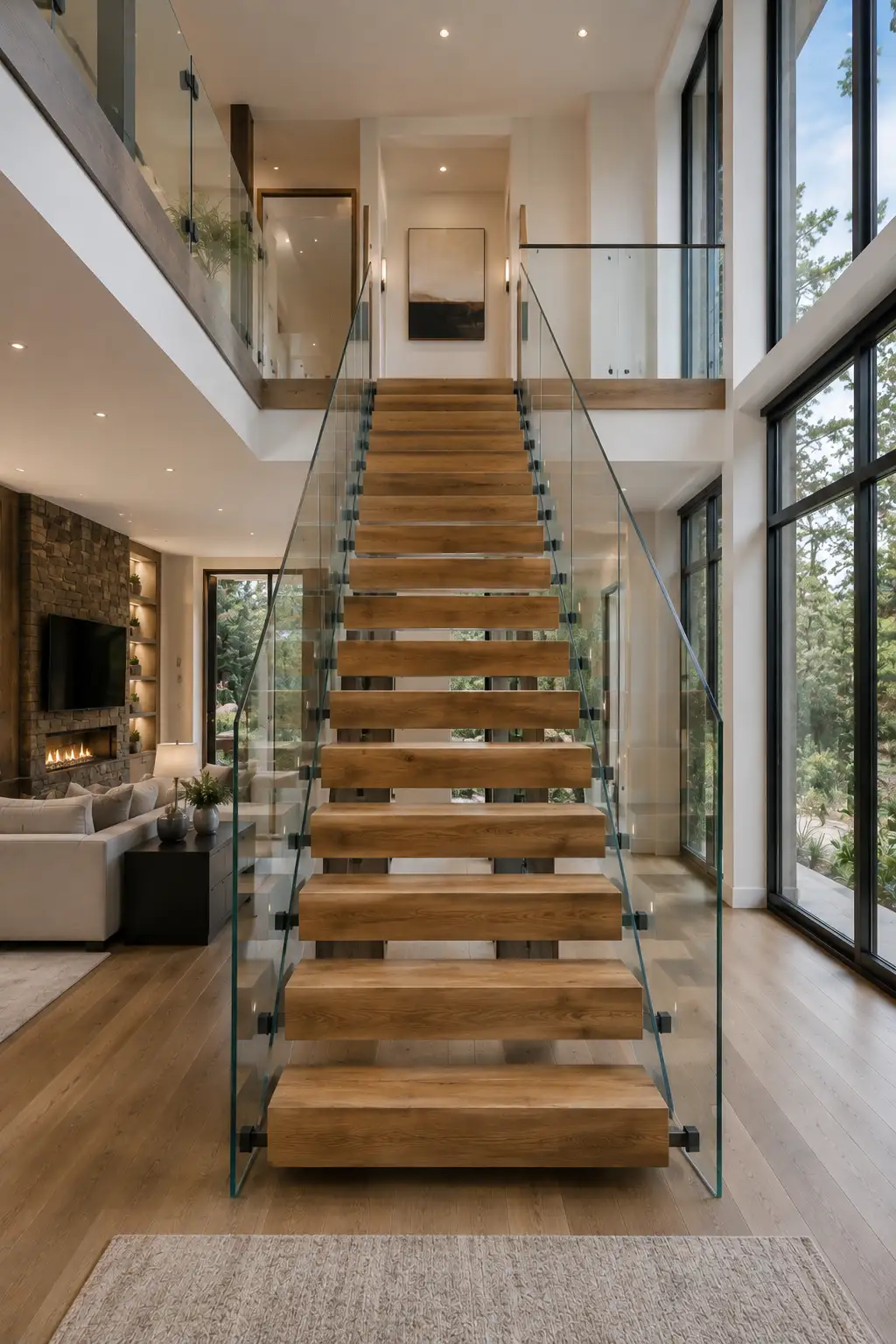 Bright contemporary home staircase with thick chunky natural oak treads, substantial rectangular wooden step forms, transparent glass railings, minimal dark hardware, warm wood flooring, tall windows, open double height architecture, and Minecraft inspired block style staircase details.