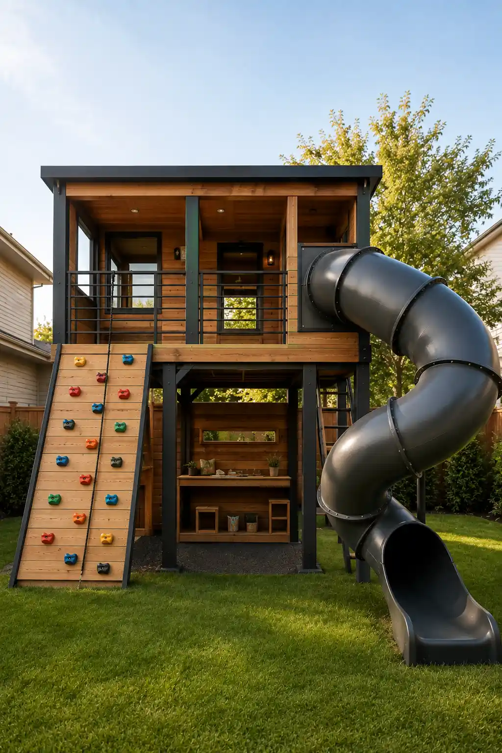 Modern DIY kids playground featuring an elevated wooden playhouse with warm horizontal wood siding, matte black structural posts, covered upper deck, large curved enclosed tube slide extending from the playhouse to the lawn, angled climbing wall with colorful climbing holds, open lower-level activity area, realistic safety surfacing, green grass, landscaped shrubs, and a contemporary backyard environment.
