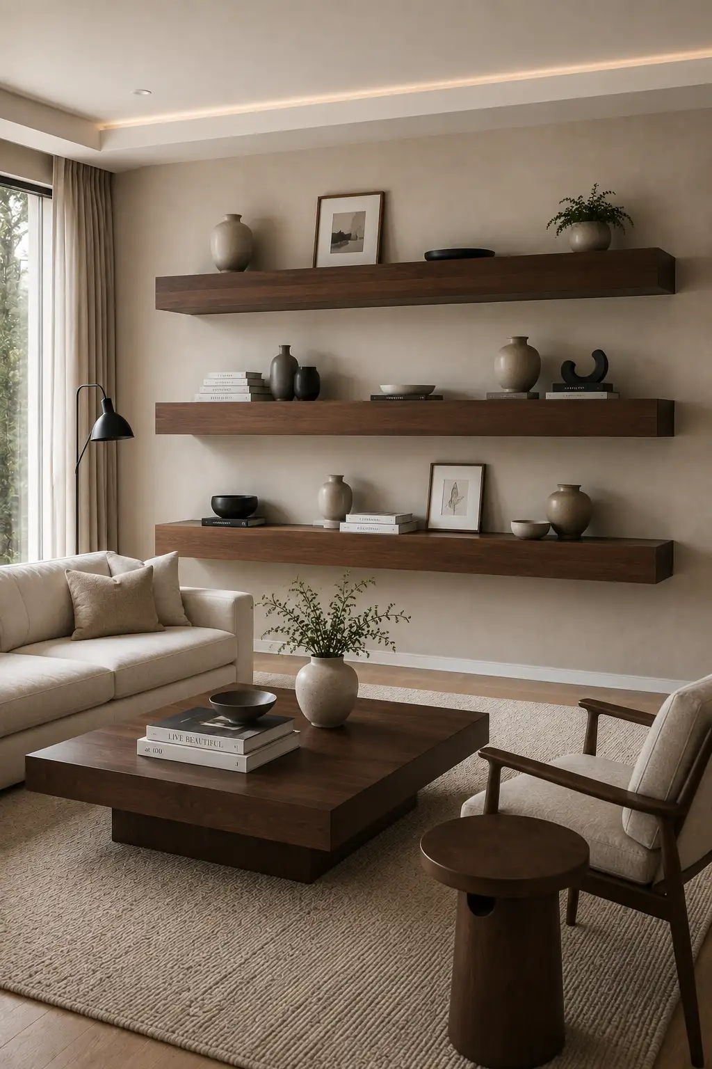 Sophisticated modern living room featuring one substantial long walnut floating shelf spanning most of a warm neutral accent wall. The thick shelf has a clean rectangular profile with concealed mounting and is styled with a large neutral ceramic vase, minimalist framed artwork, stacked books, a black sculptural bowl, and a small trailing plant. A cream sectional sofa, dark walnut coffee table, modern floor lamp, textured rug, and natural wood accents create a polished contemporary living space.