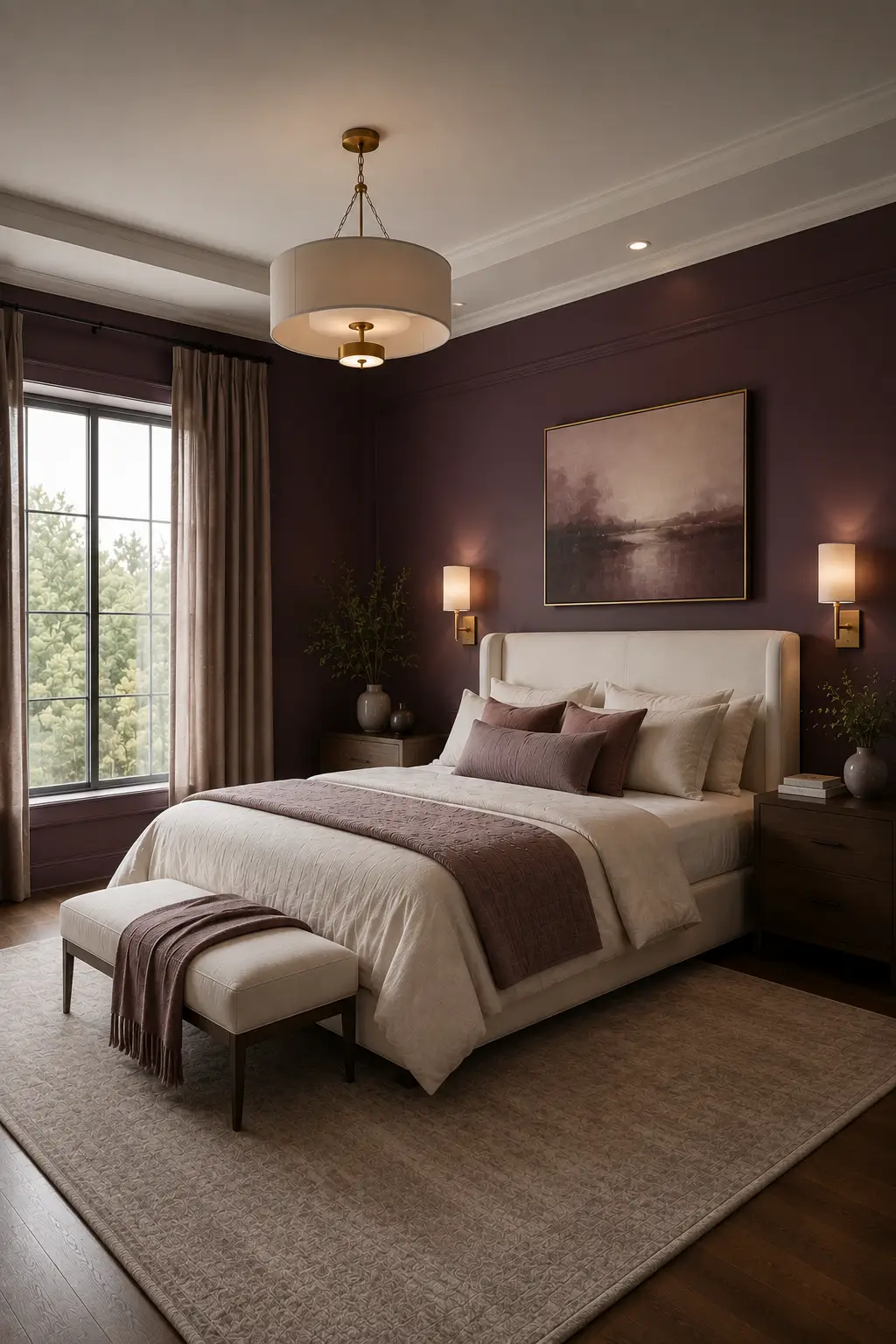 Moody luxury bedroom featuring deep muted plum painted walls with refined architectural molding, a large cream upholstered bed dressed in layered ivory bedding with dusty mauve and plum accent pillows, dark wood nightstands, warm brass wall sconces, floor-to-ceiling taupe curtains, a large textured neutral rug, hardwood flooring, framed abstract artwork, and soft natural and ambient lighting creating a sophisticated modern retreat.